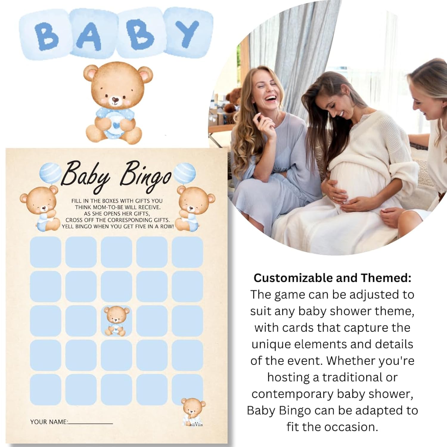 Baby Shower Bingo Cards - Infant Shower Games Boy, 50 Guest Keepsake Set, Baby Predictions, Large 5" X 7", Writable