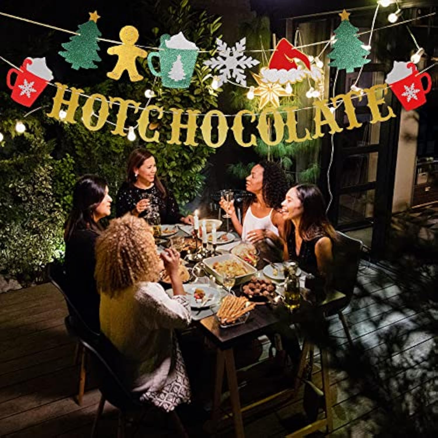 Glitter Christmas Hot Chocolate Banner Xmas Tree Snowflake Hot Cocoa Decor
