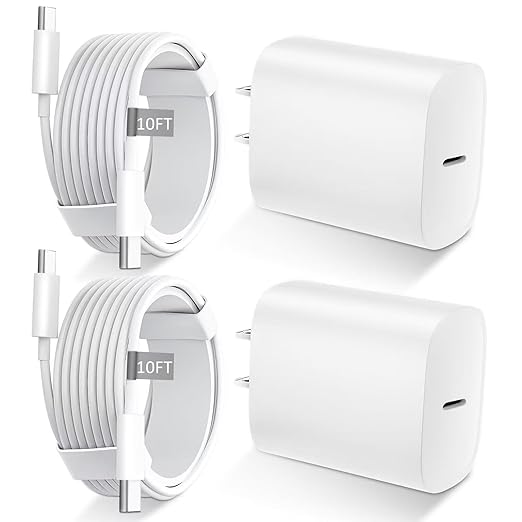 USB C Fast Charger with 10FT USB C to USB C Cable for iPhone 17 16 15 iPad White