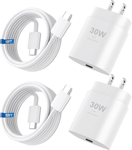 30W USB C Fast Charger with 10FT USB C Cable for iPhone 17 16 15 Samsung iPad