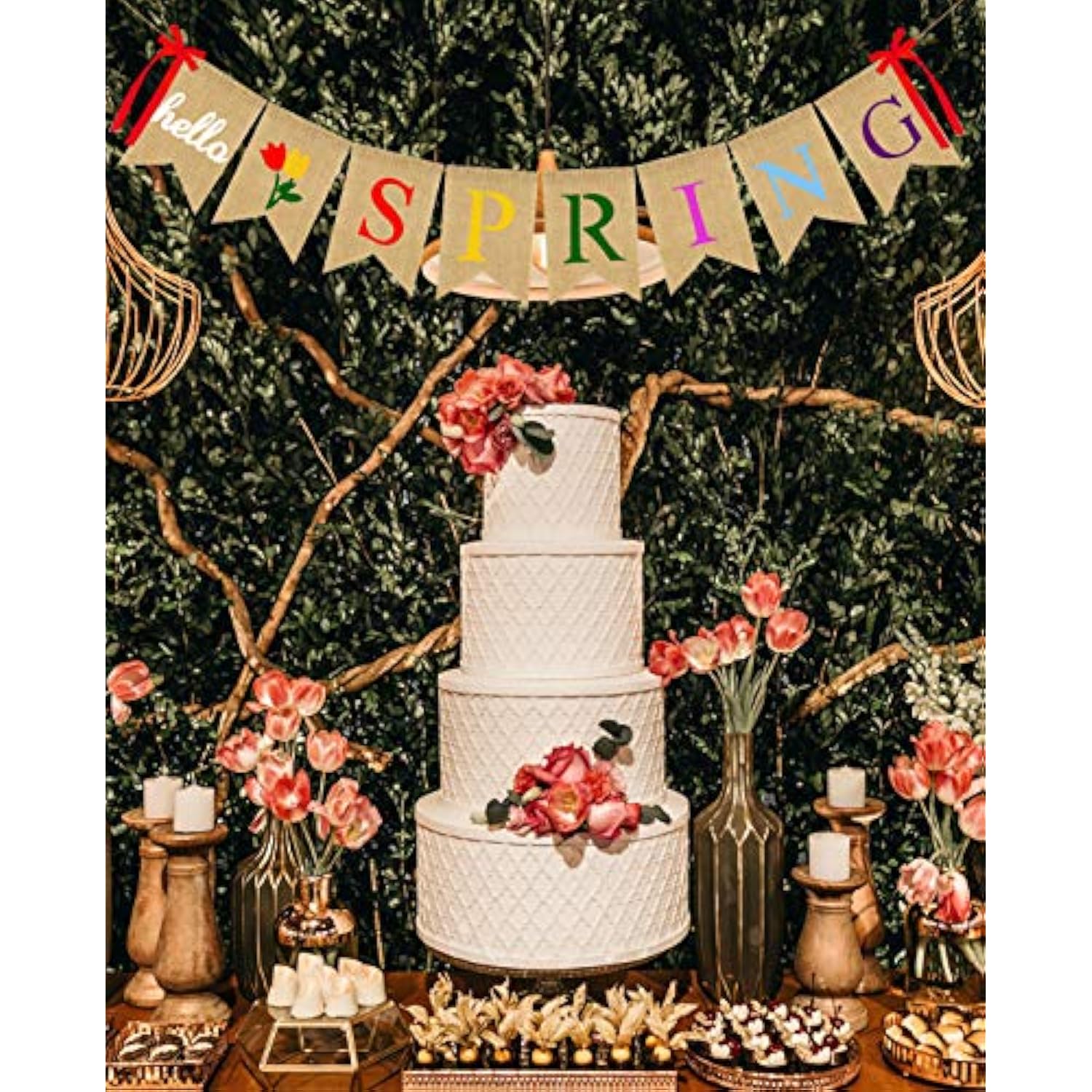 Hello Spring Burlap Banner Jute Spring Bunting Banner Garland Flower Spring Decorations For Indoor Outdoor Party Mantel Fireplace Wall Decor