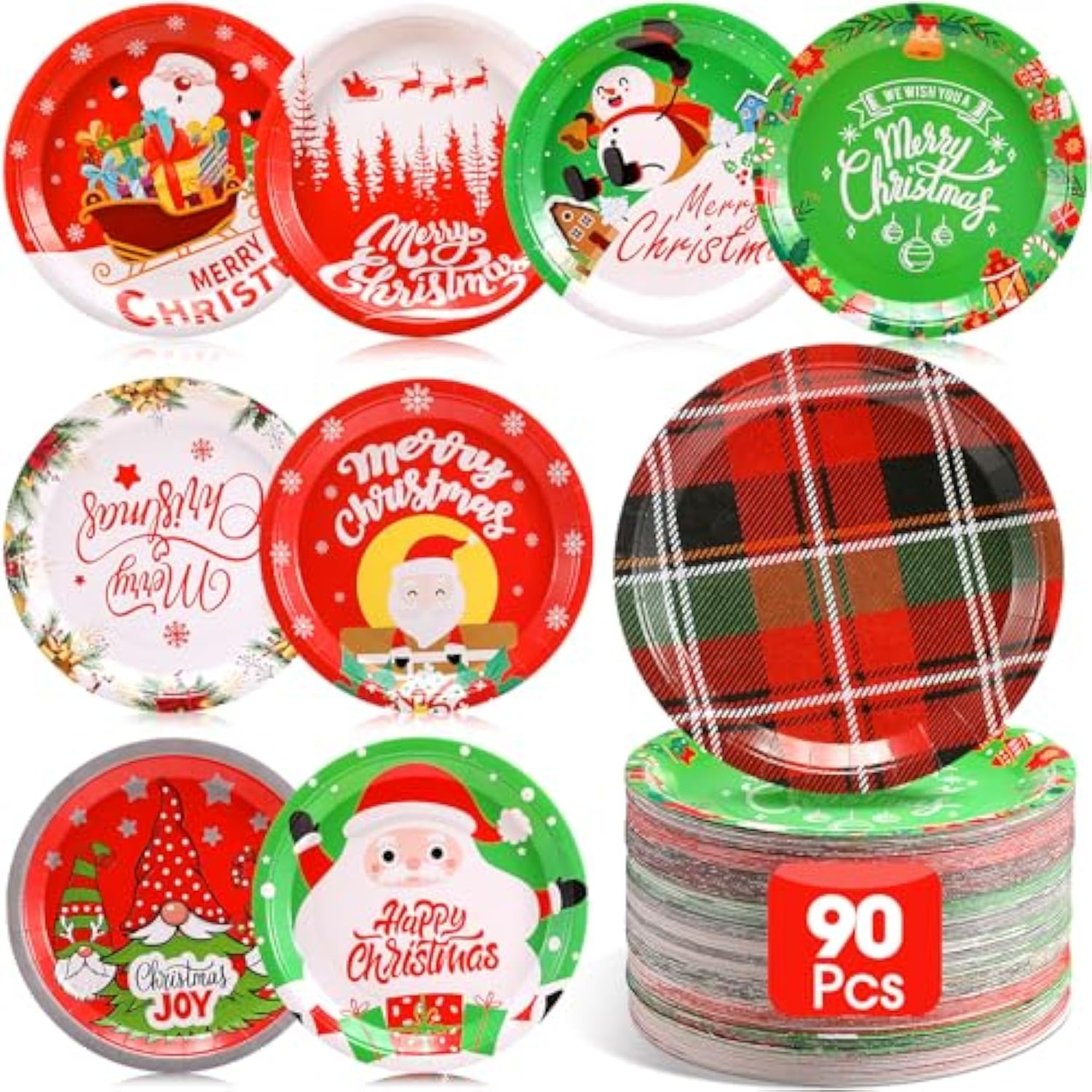 90 Pcs 9'' Christmas Paper Plates Disposable Holiday Dinner Plates Santa Xmas Decoration Merry Christmas Party Supplies Dinnerware Decoration For Winter Holiday, 9 Designs