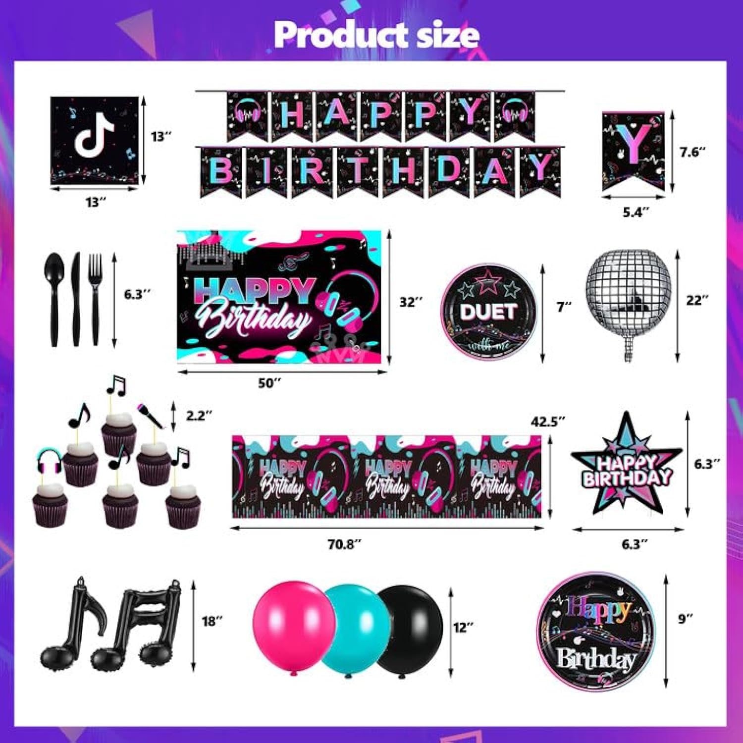 Music Party Supplies Kit – Disco Theme Decor with Balloons, Backdrop, Banners & Tableware Set