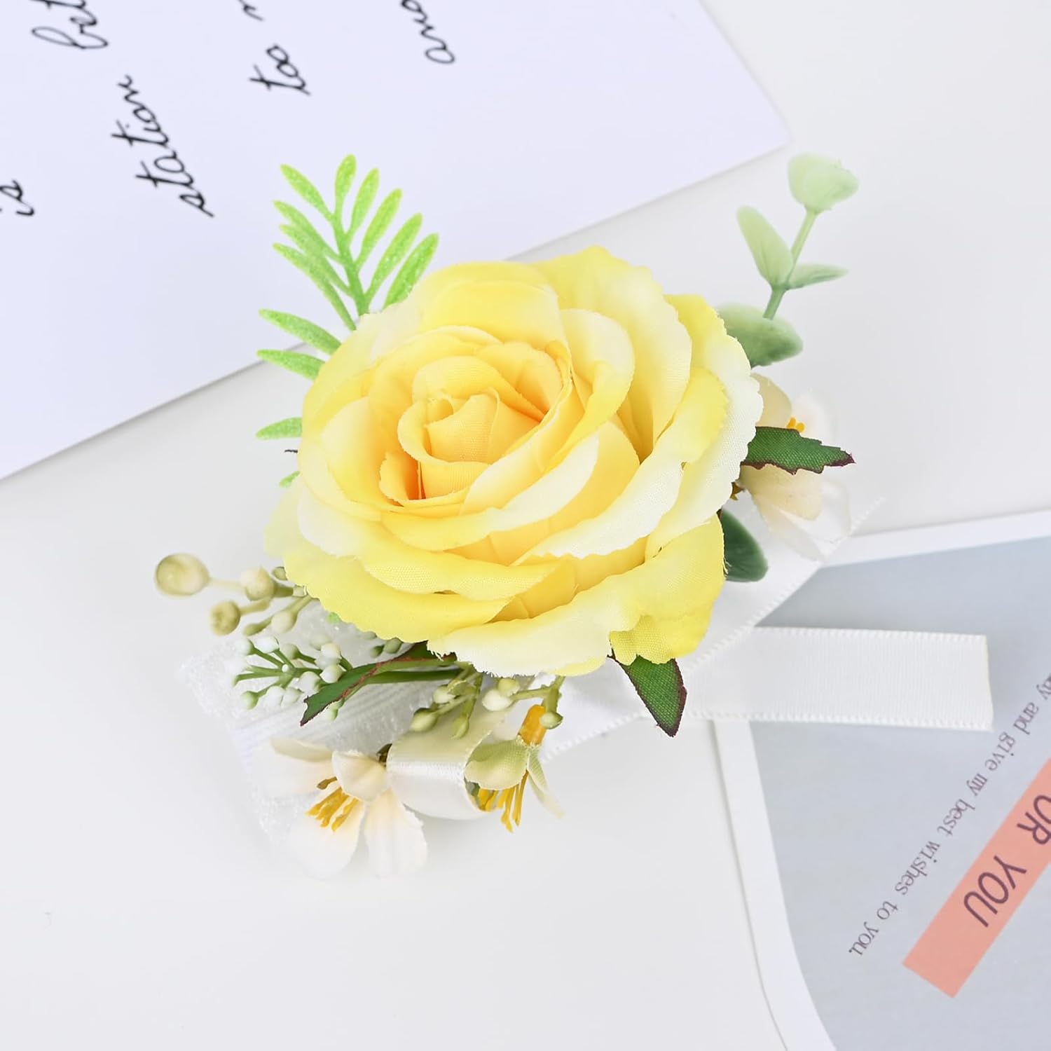 2 Pieces Artificial Flower Wrist Corsage And Boutonniere Set, Groom Groomsmen Bride Bridesmaids Wedding Accessories Prom Party Suit Decorations - Yellow
