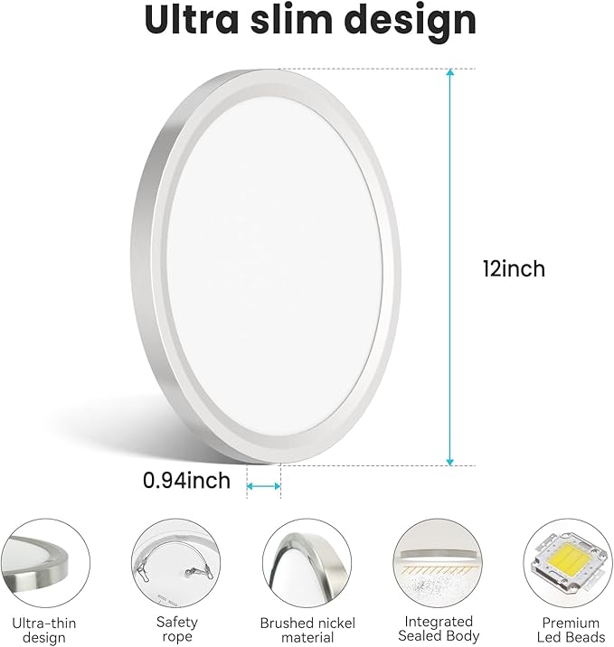 2 Pack 12 Inch LED Ceiling Lights 3200LM Adjustable Brushed Nickel Flush Mount Fixtures