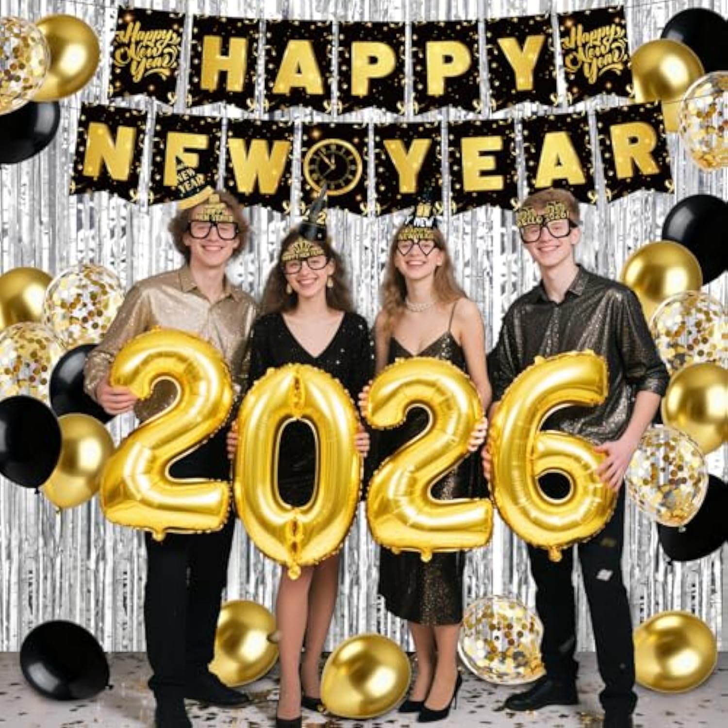 2026 New Year Party Supplies Banner Balloons Hats Glasses Noise Makers