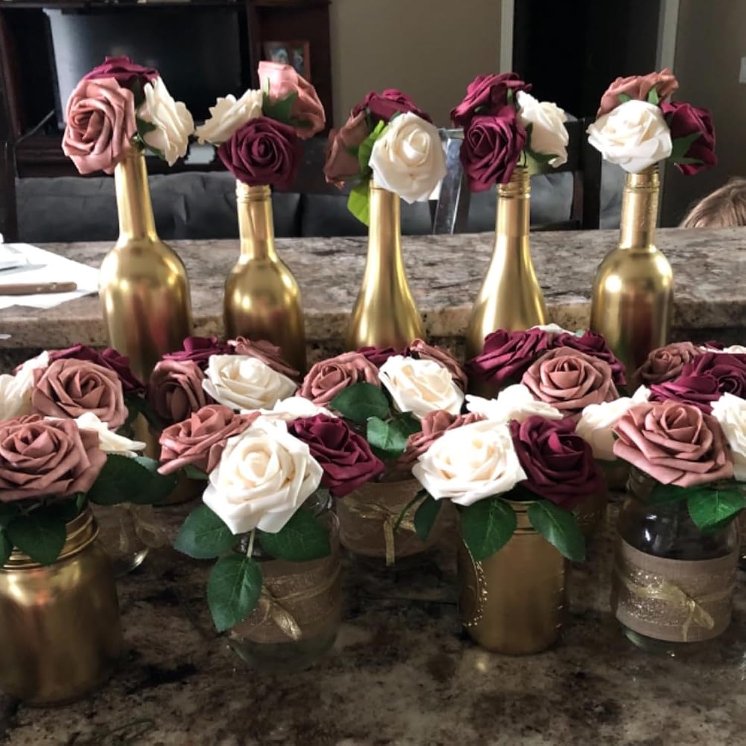 25Pcs Artificial Flower Cream & Dusty Rose & Burgundy Rose With Stem For Diy Wedding Bouquets Arch Floral Arrangements Wedding Flower Backdrop Bridal Shower Baby Shower Party Home Decor