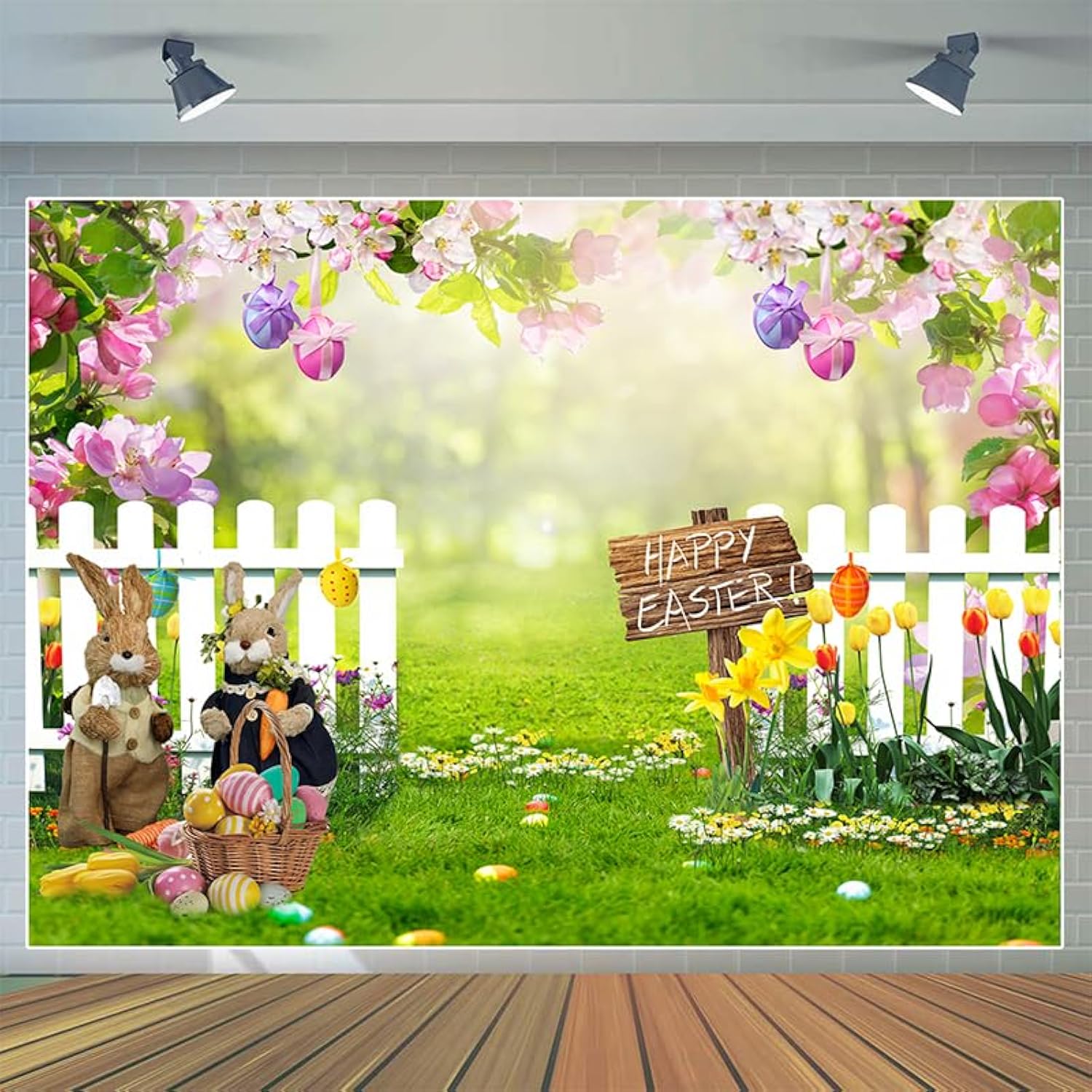 7X5Ft Spring Easter Garden Photography Backdrop Easter Backdrop Green Grass Lawn Pink Floral Fence Background Baby Children Birthday Party Decorations Banner