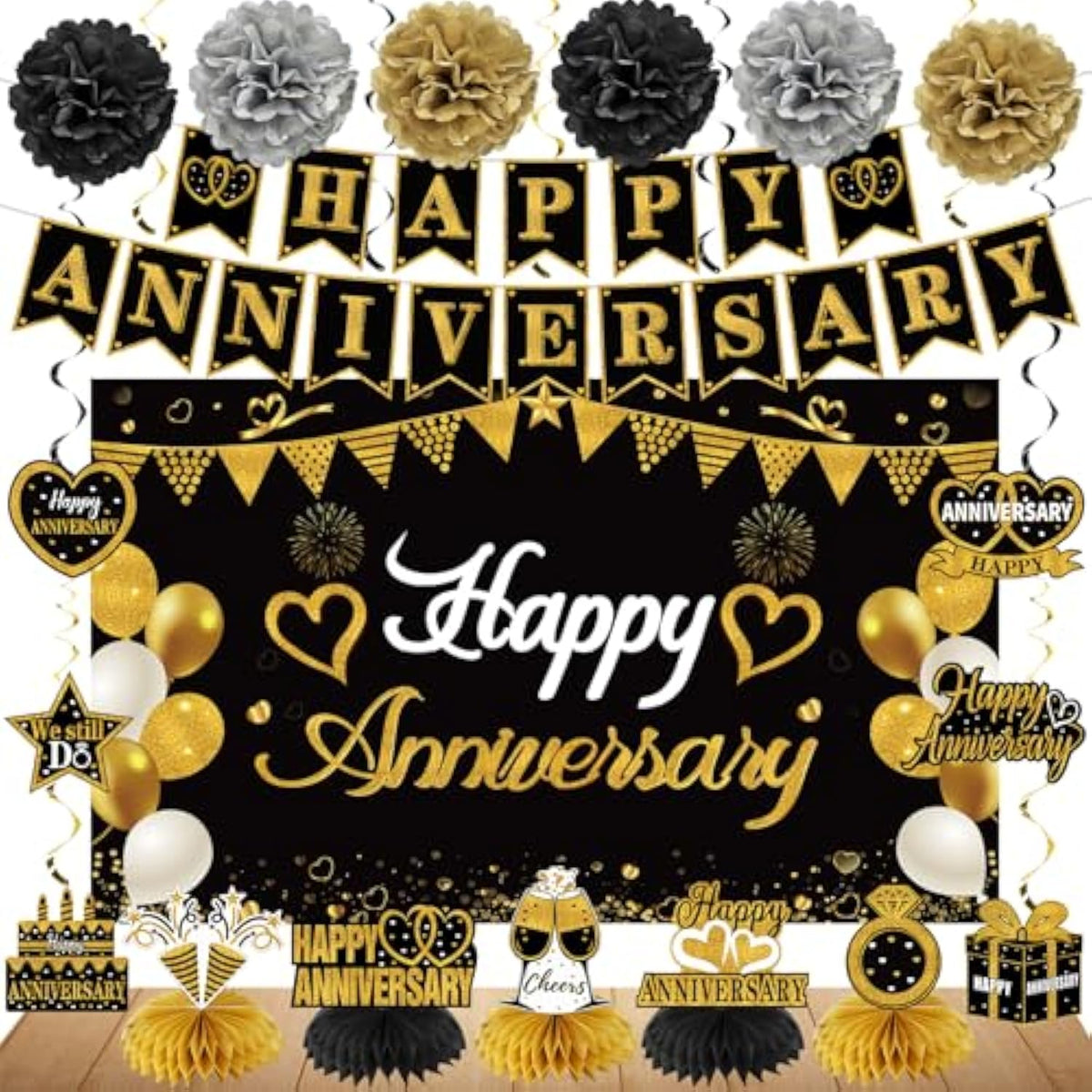 Happy Anniversary Decorations Kit - Black Gold Wedding Party Supplies - Large Banner, Backdrop, Table Centerpieces, Hanging Swirl, Paper Pompoms Decors