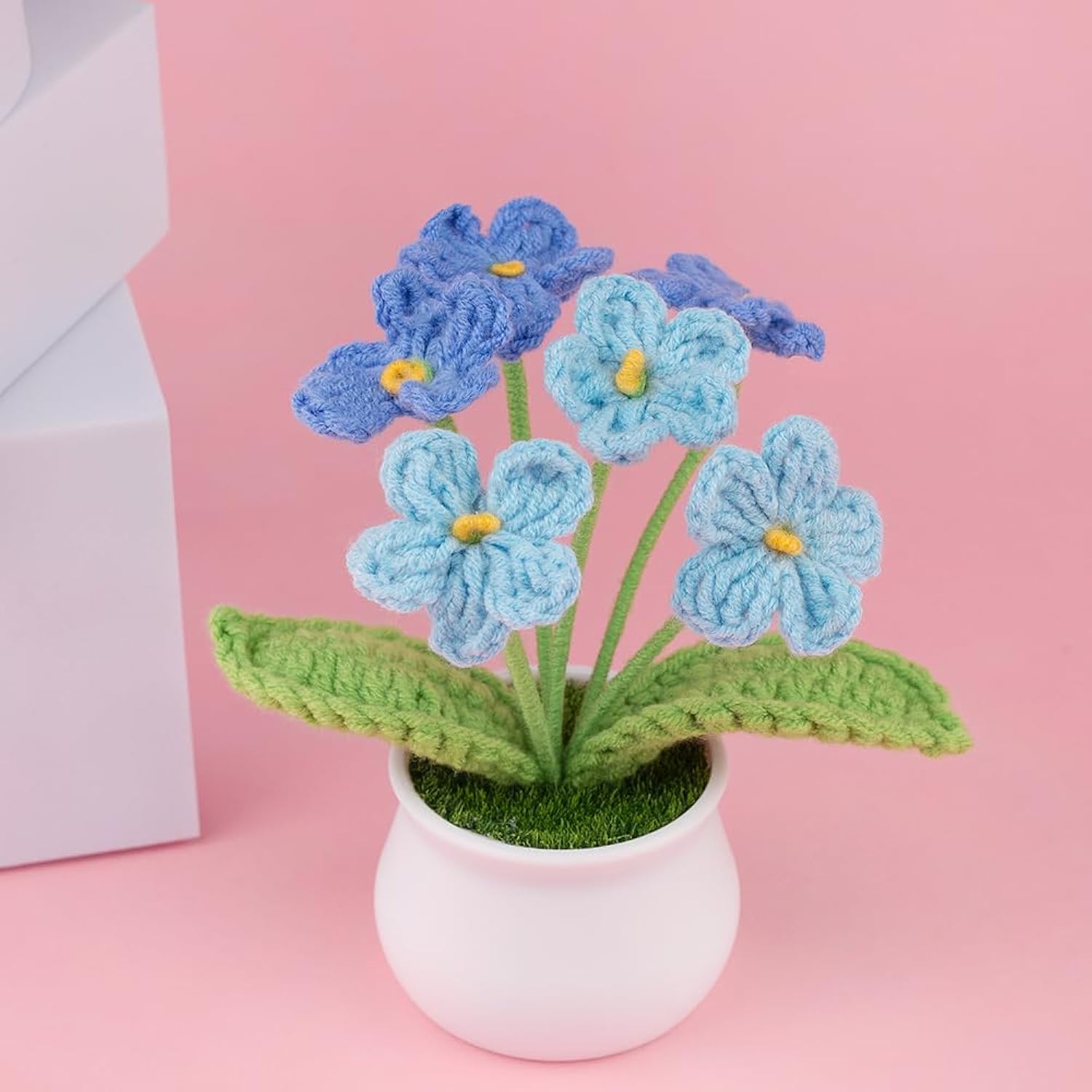 Knitting Crochet Flowers Potted Plants, Fake Forget Me Not Flowers For Friends, Family And Lover, Artificial Handmade Flowers For Valentines Birthday Wedding Gift And Home Decor (Gblue)