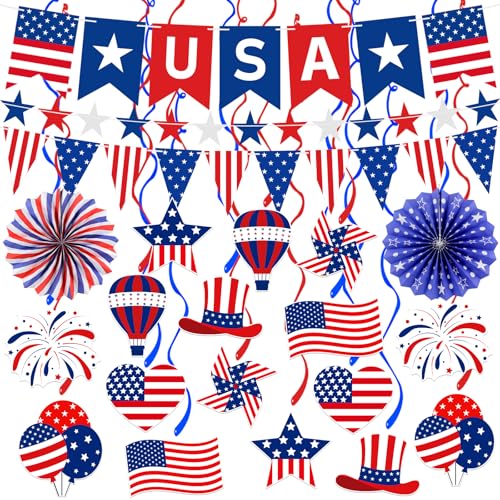 37Pcs 4th of July Decorations Patriotic Decorations USA Banner Red White Blue Paper Fans Star Streamer Pennant Hanging Swirl Fourth of July Independence Veterans Labor Presidents Flag Memorial Day