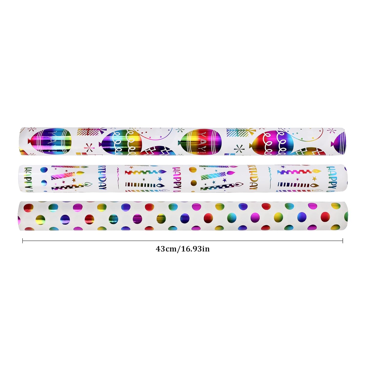 Happy Birthday Wrapping Paper Roll, 3 Pack Mini Rolls Gift Wrap Sheet, Rainbow Design With Polka Dots, Balloons & Candles On White Foil For Kids Presents, 17 Inch X 120 Inch (10 Feet)