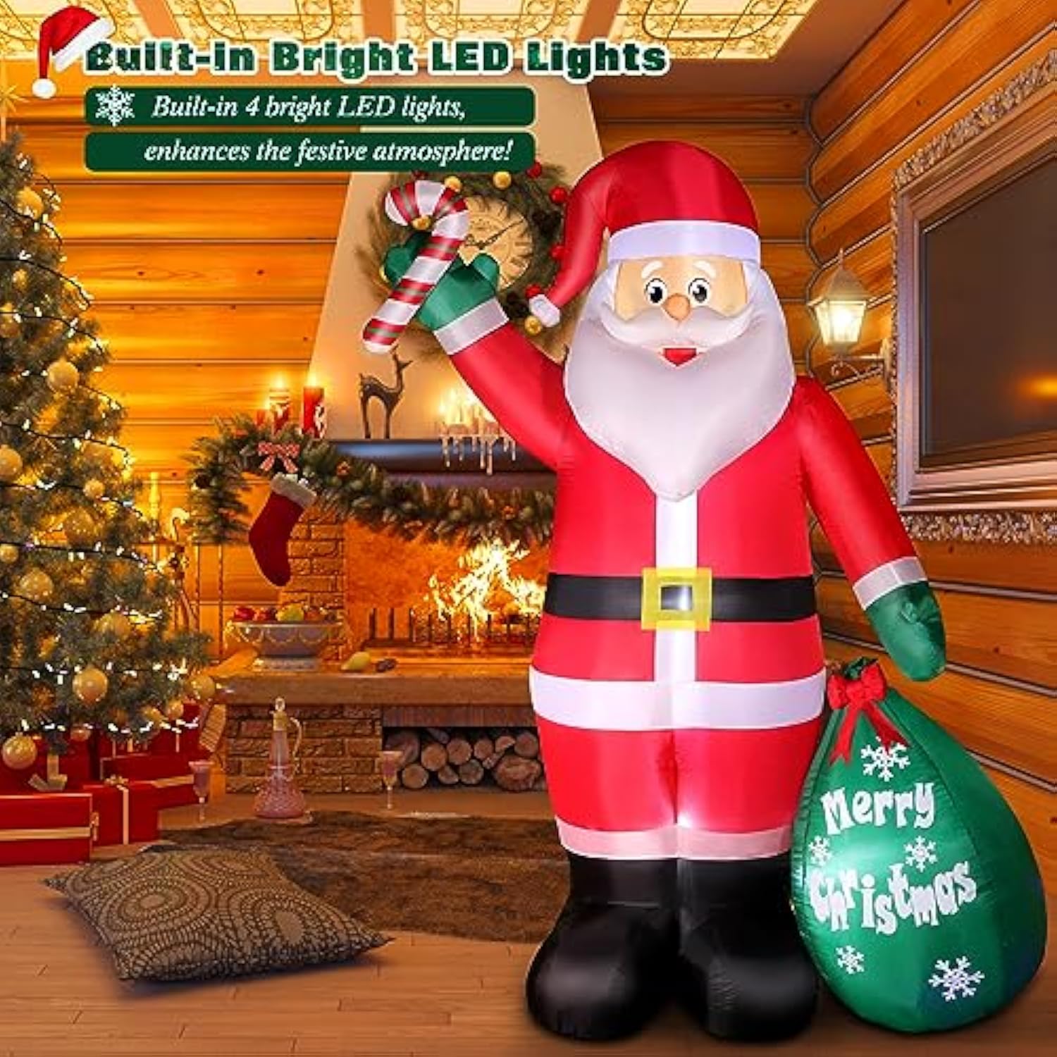8 Ft Christmas Inflatable Santa Claus With Candy And Big Gift Bag Outdoor Decor, Blow Up Ip44 Weatherproof Xmas Decorati