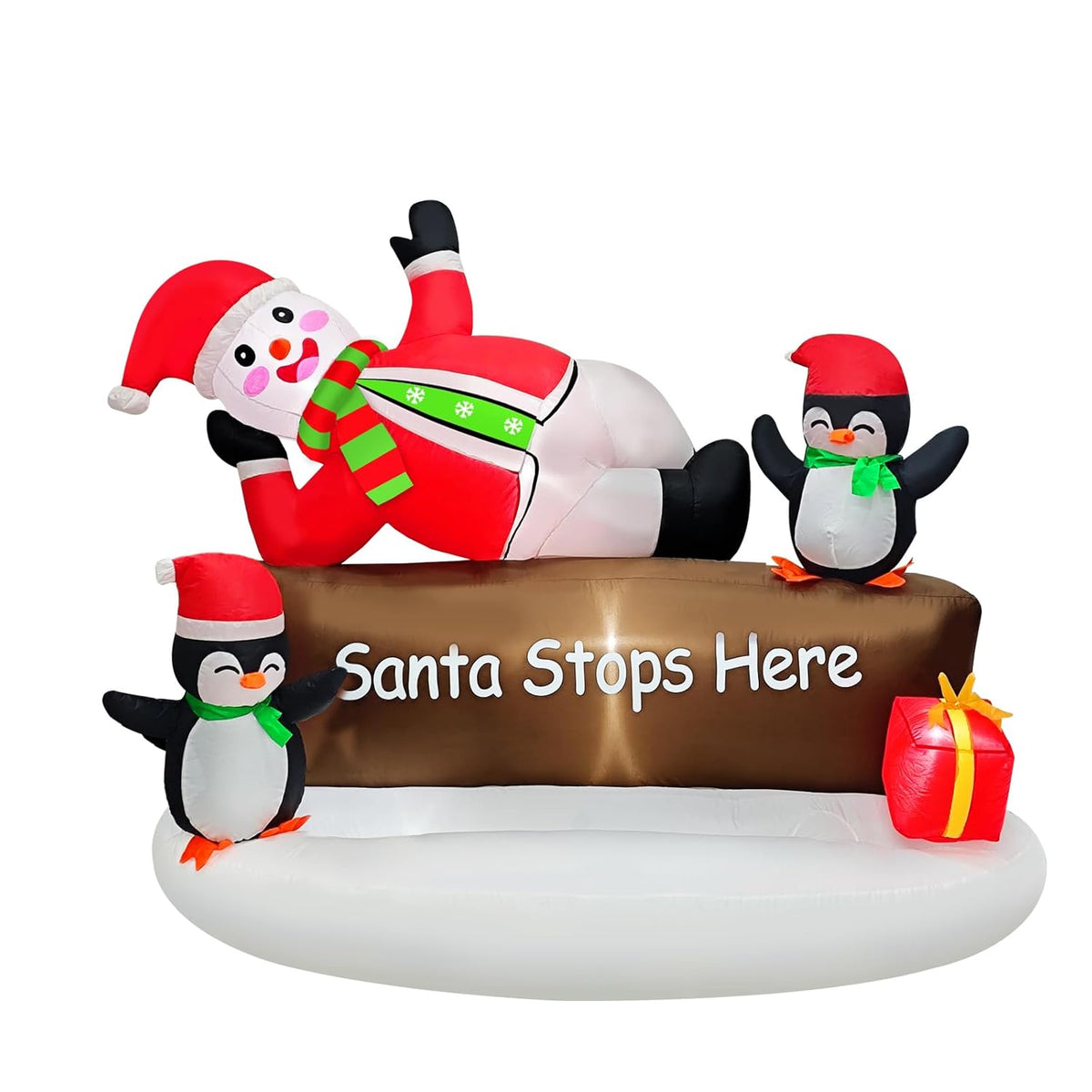 Christmas Inflatable Decotation “Santa Stops Here” Sign With Snowman & Penguins Cute 5.6Ft Holiday Yard Decoration With
