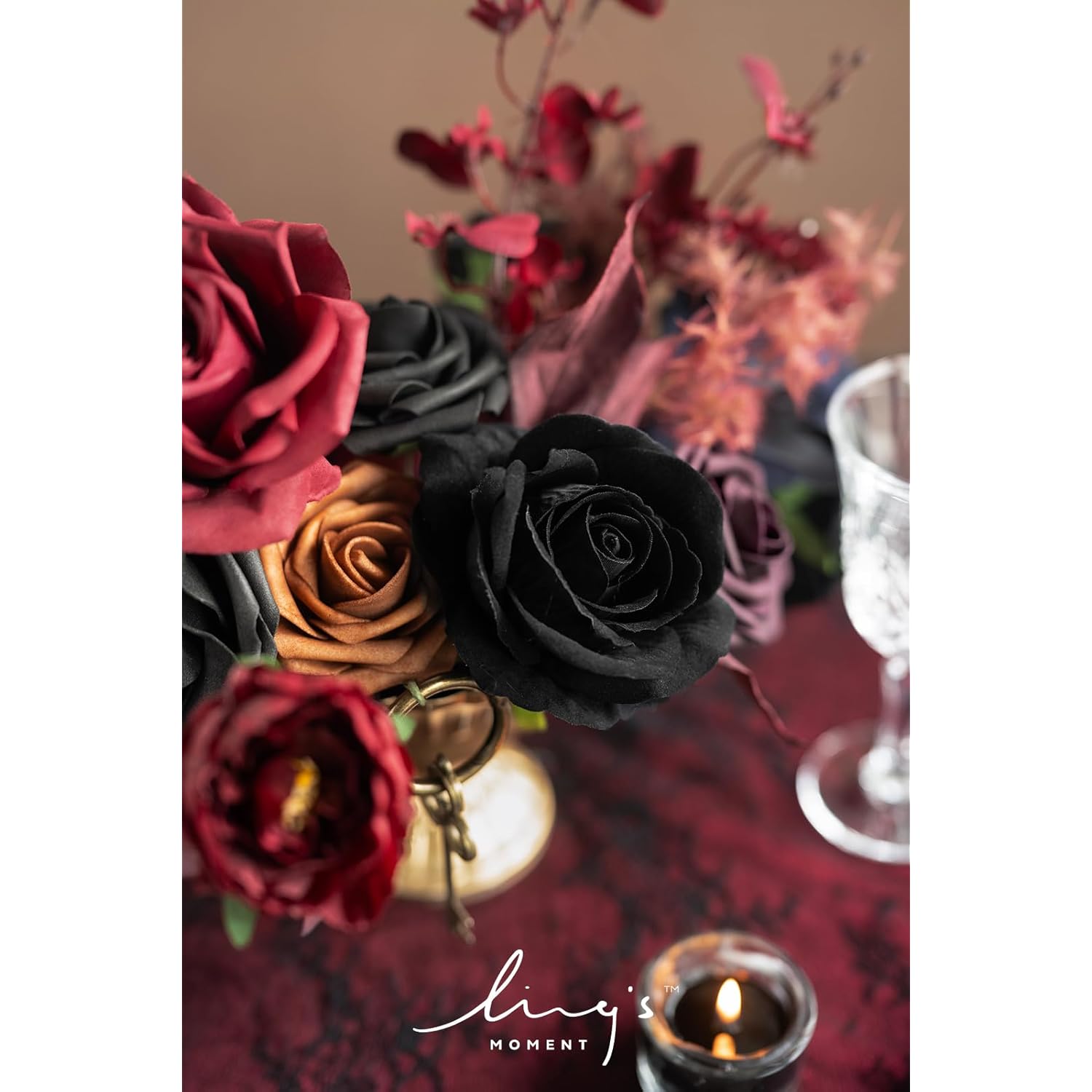 Fake Flowers Box, Faux Artificial Greenery Stems Foam Roses Dahlia Silk Maple Leaf Fabic Flower For Centerpieces Bouquet Wedding Vase Floral Decorations, Burgundy & Black, Mini Combo