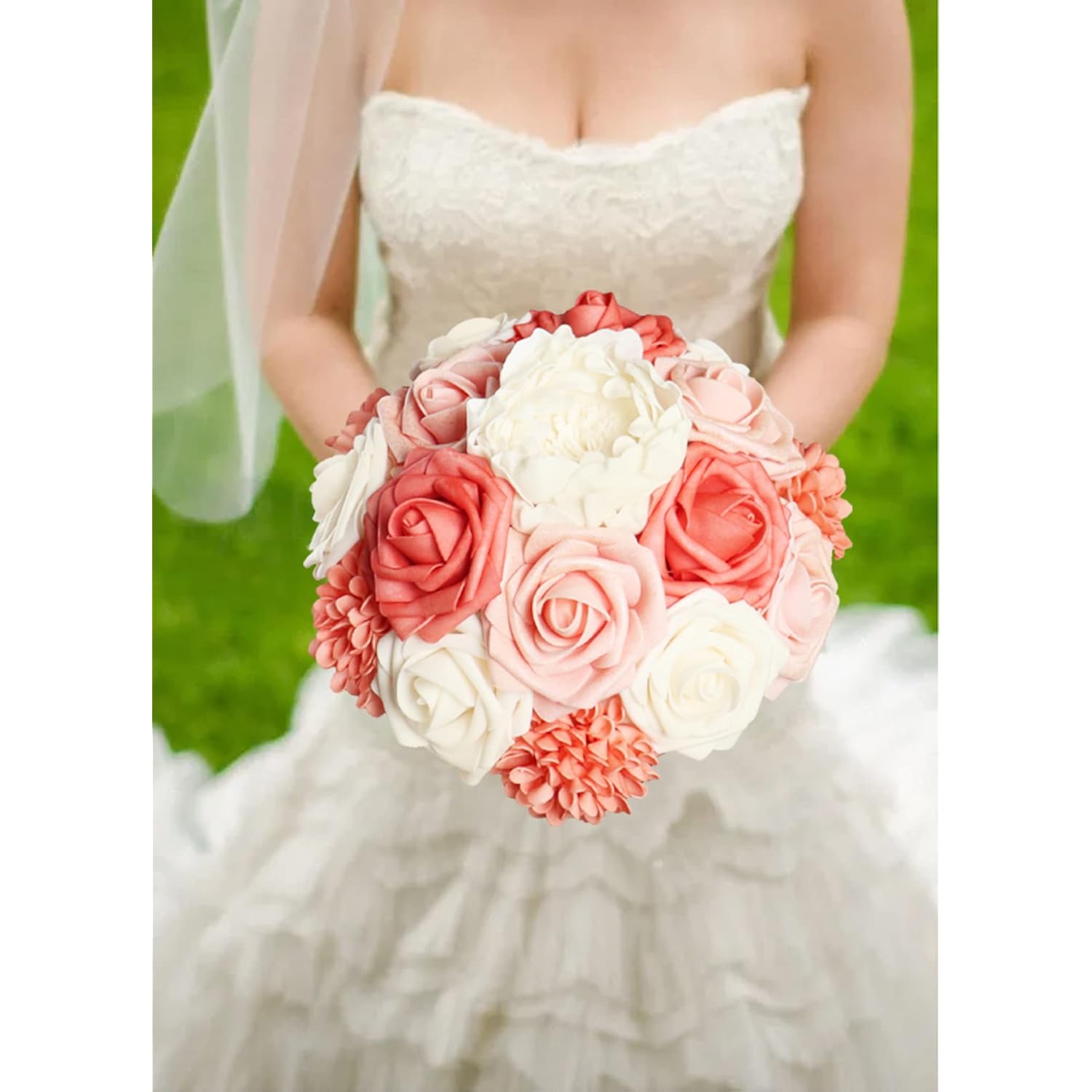 Artificial Flowers Coral Dahlia Daisy Flowers 25 Pcs Fake Roses W/Stem For Diy Wedding Bouquets Floral Centerpieces Arrangements Baby Shower Cake Flower Decor