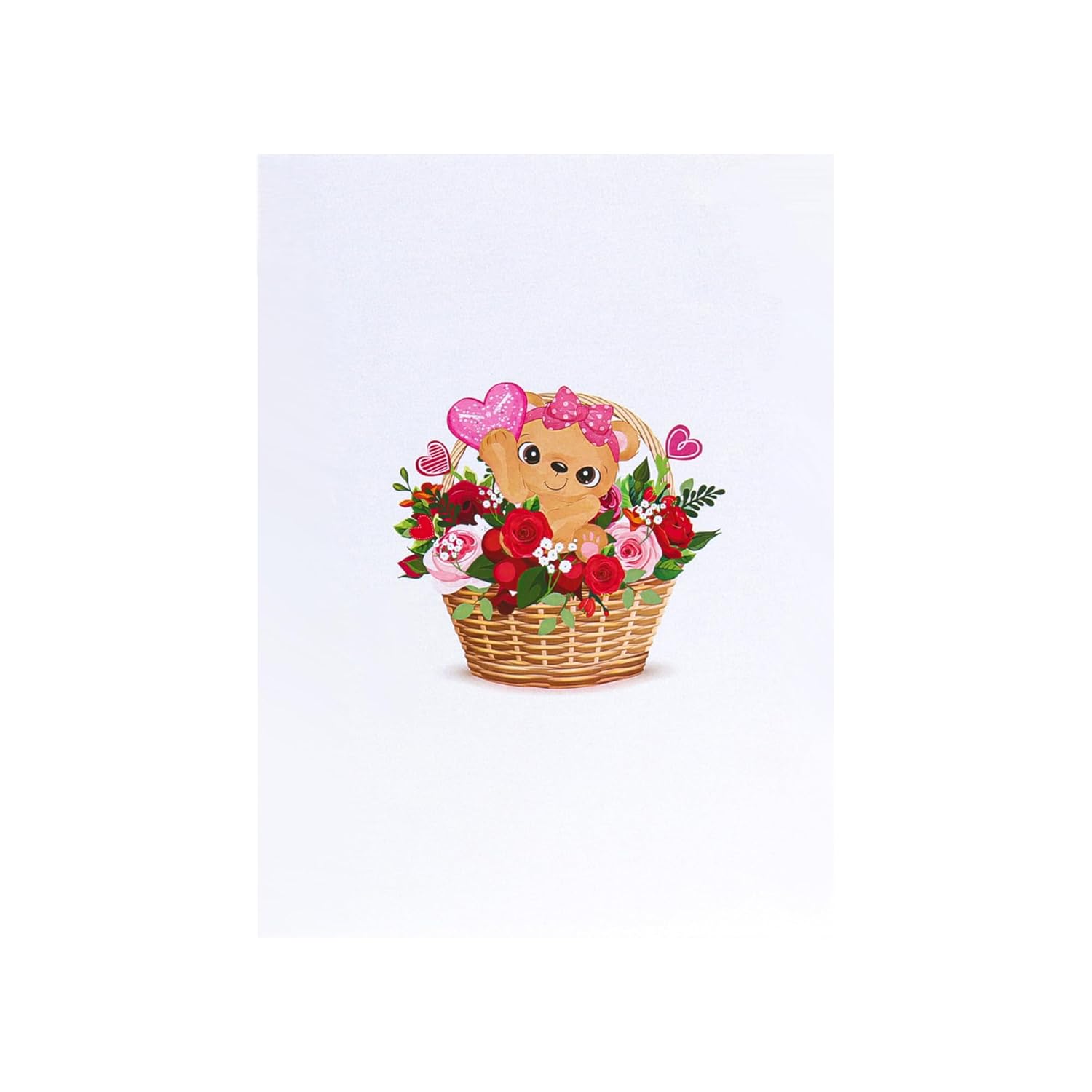 Love Teddy Bear Flower’S Basket Pop Up Card - 5X7 Inches Birthday Greeting Card, 3D Popup Bear Design - Attractive & Adorable Perfect For Animal Lover - Valentines Gift For Girls And Boys