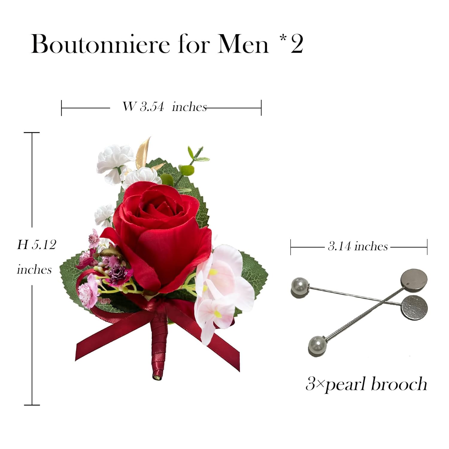 2Pcs Rose Red Boutonniere For Men, Artificial Flowers Wedding Groom Groomsmen Boutonniere For Anniversary/Prom/Rustic Wedding/Homecoming (Red)