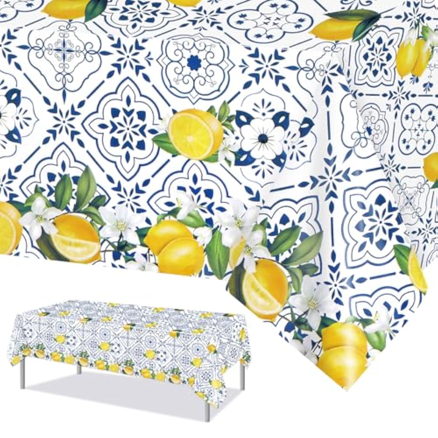3 Pcs Lemon Tablecloth Disposable Blue Tile Plastic Table Covers Lemon Decor For Baby Shower Italian Themed Party Decorations Supplies 54 X 108 Inch