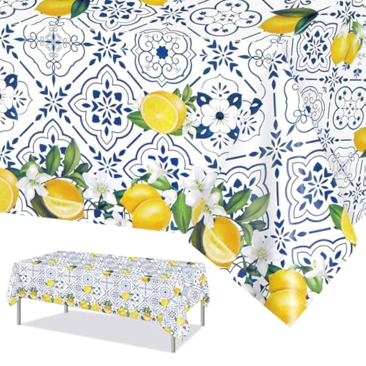 3 Pcs Lemon Tablecloth Disposable Blue Tile Plastic Table Covers Lemon Decor For Baby Shower Italian Themed Party Decorations Supplies 54 X 108 Inch