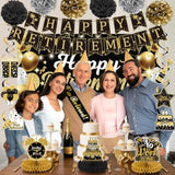 22Pcs Happy Retirement Party Decorations For Men And Women- Black And Gold Banner, Backdrop Card, Sash, Hanging Swirls, Foil Balloons, Honeycomb Centerpieces