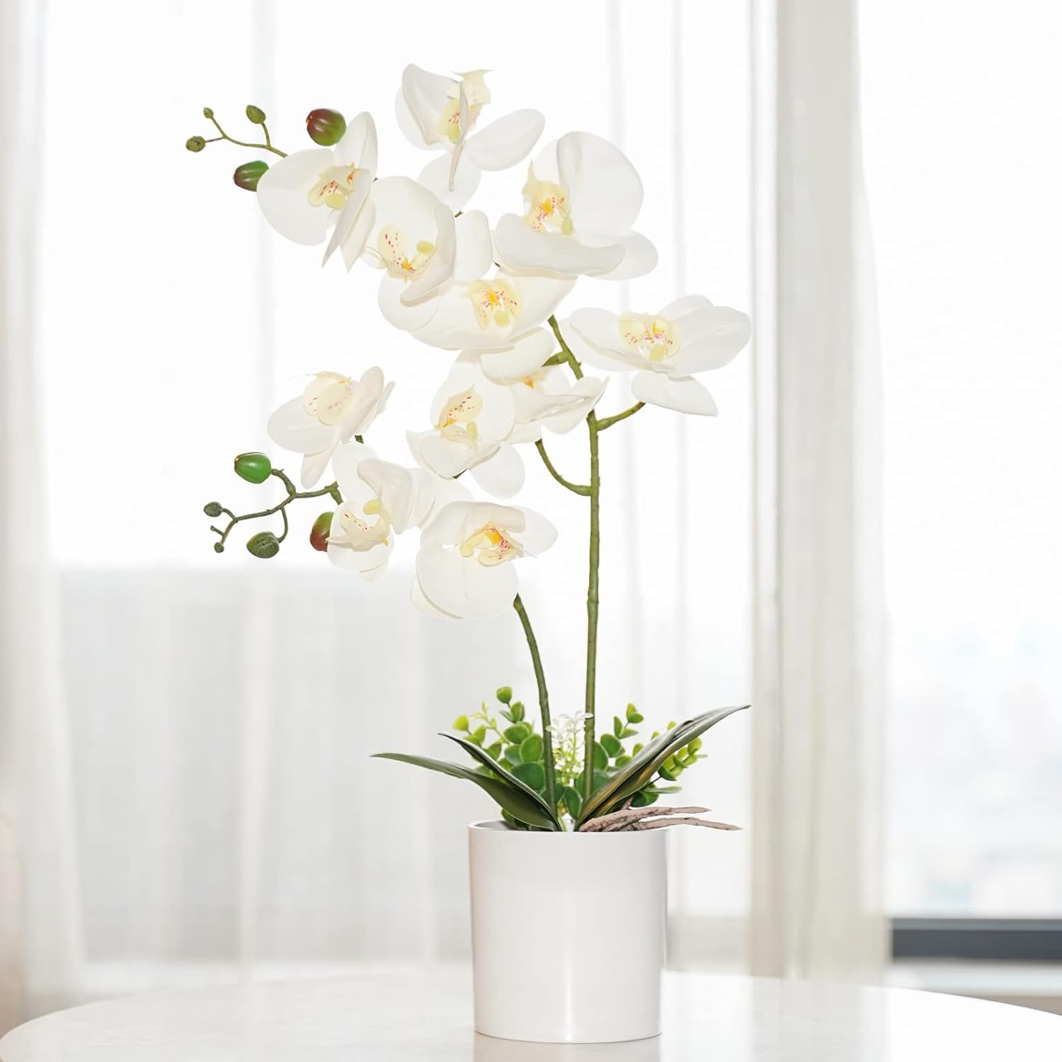 Artificial Orchid Flower Potted, 16.9" White Orchid In Pot Faux Plant With 2 Stems Artificial Phalaenopsis In Plastic Pot For Home Table Centerpiece Wedding Decoration