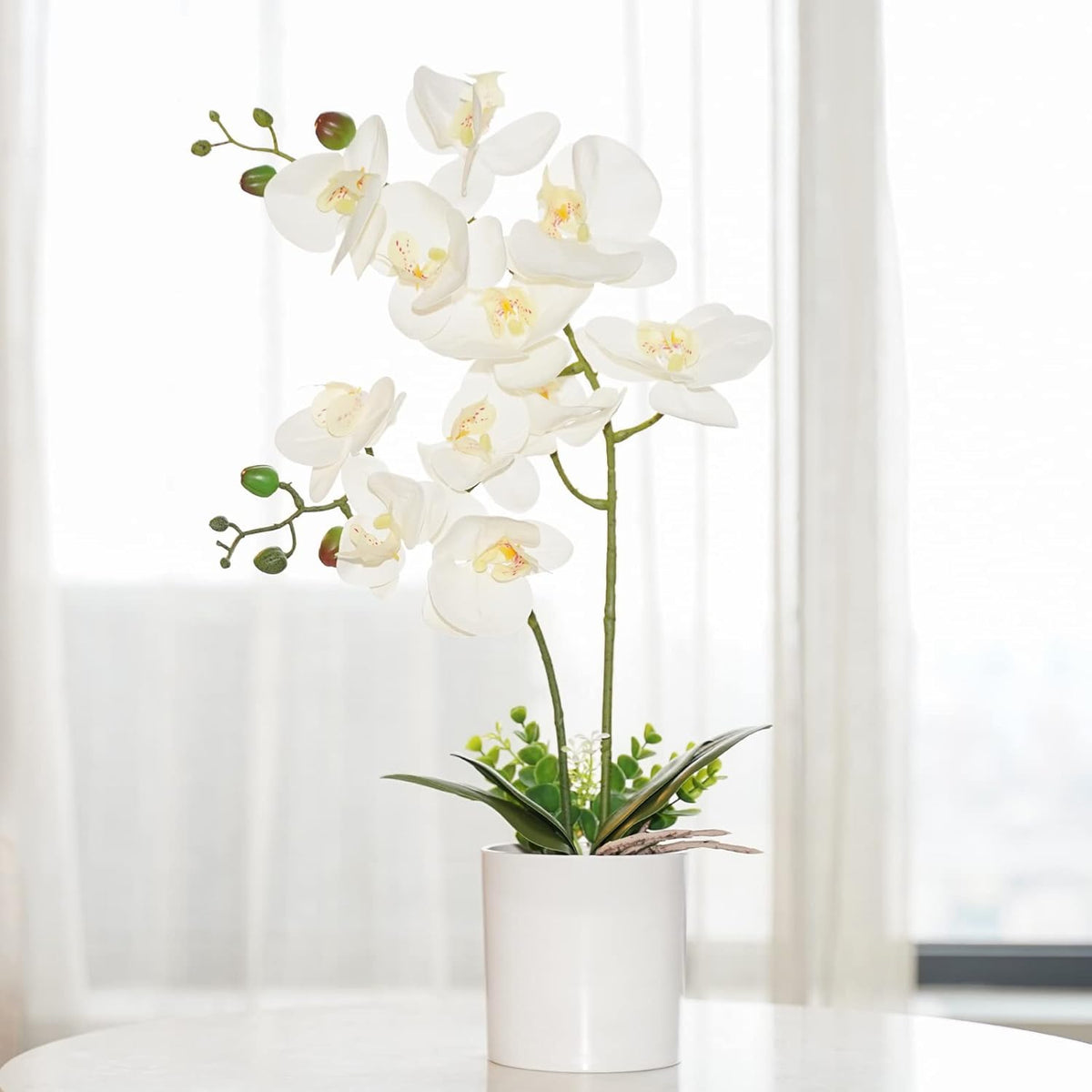 Artificial Orchid Flower Potted, 16.9" White Orchid In Pot Faux Plant With 2 Stems Artificial Phalaenopsis In Plastic Pot For Home Table Centerpiece Wedding Decoration