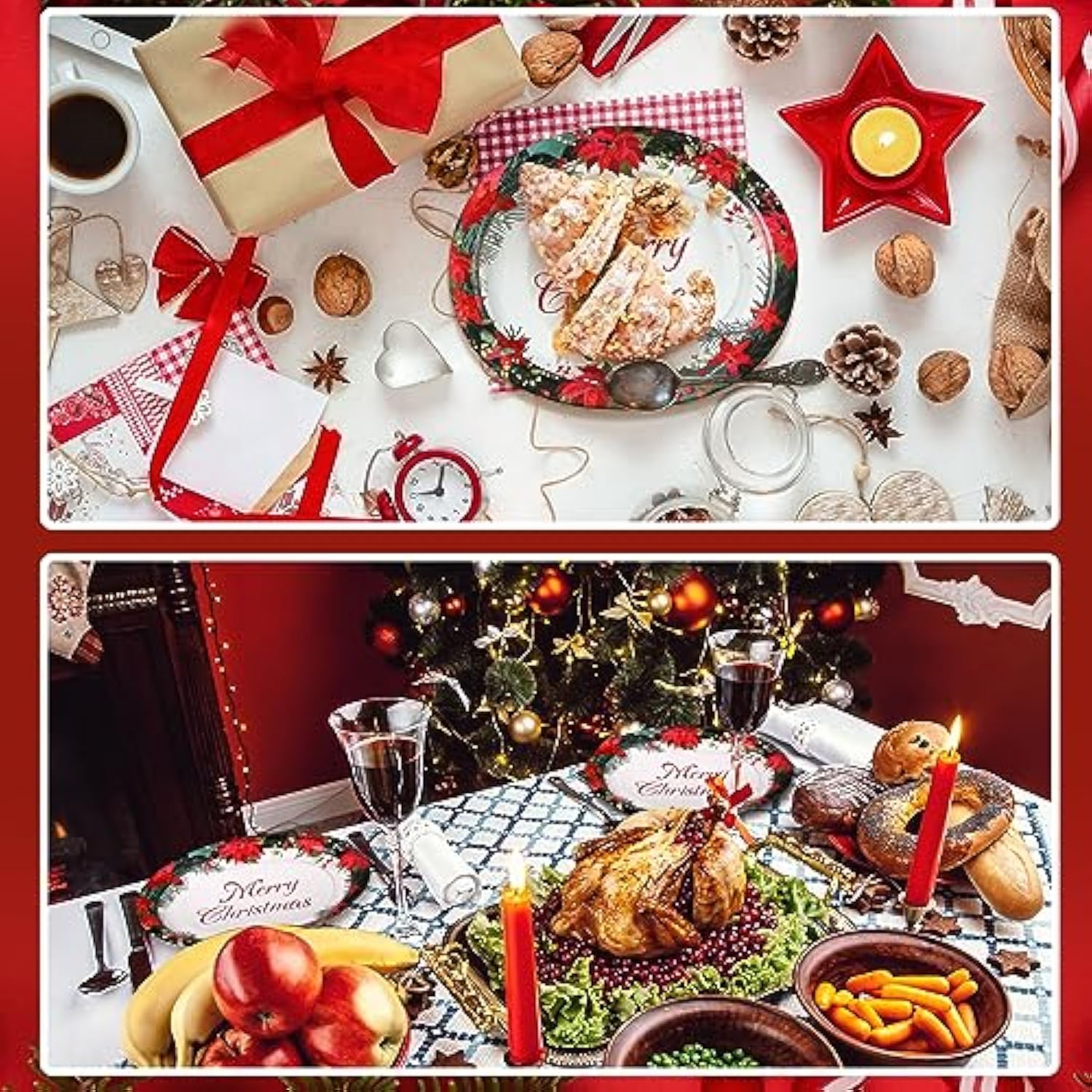 50 Pcs Christmas Paper Plates 10'' X 12'' Oval Disposable Plates Winter Floral Paper Plates Poinsettias Theme Platters For Merry Christmas Supplies Holiday Picnic Dinner Party Tableware