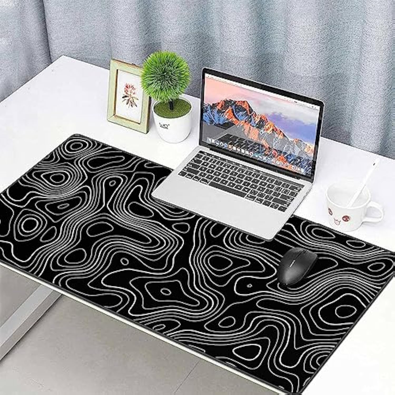 Large Gmaing Mouse Pad With Stitched Edges, Superior Micro-Weave Cloth, Non-Slip Base, Size 35.4 X 15.7X 0.12Inches - Black Topographic Contour