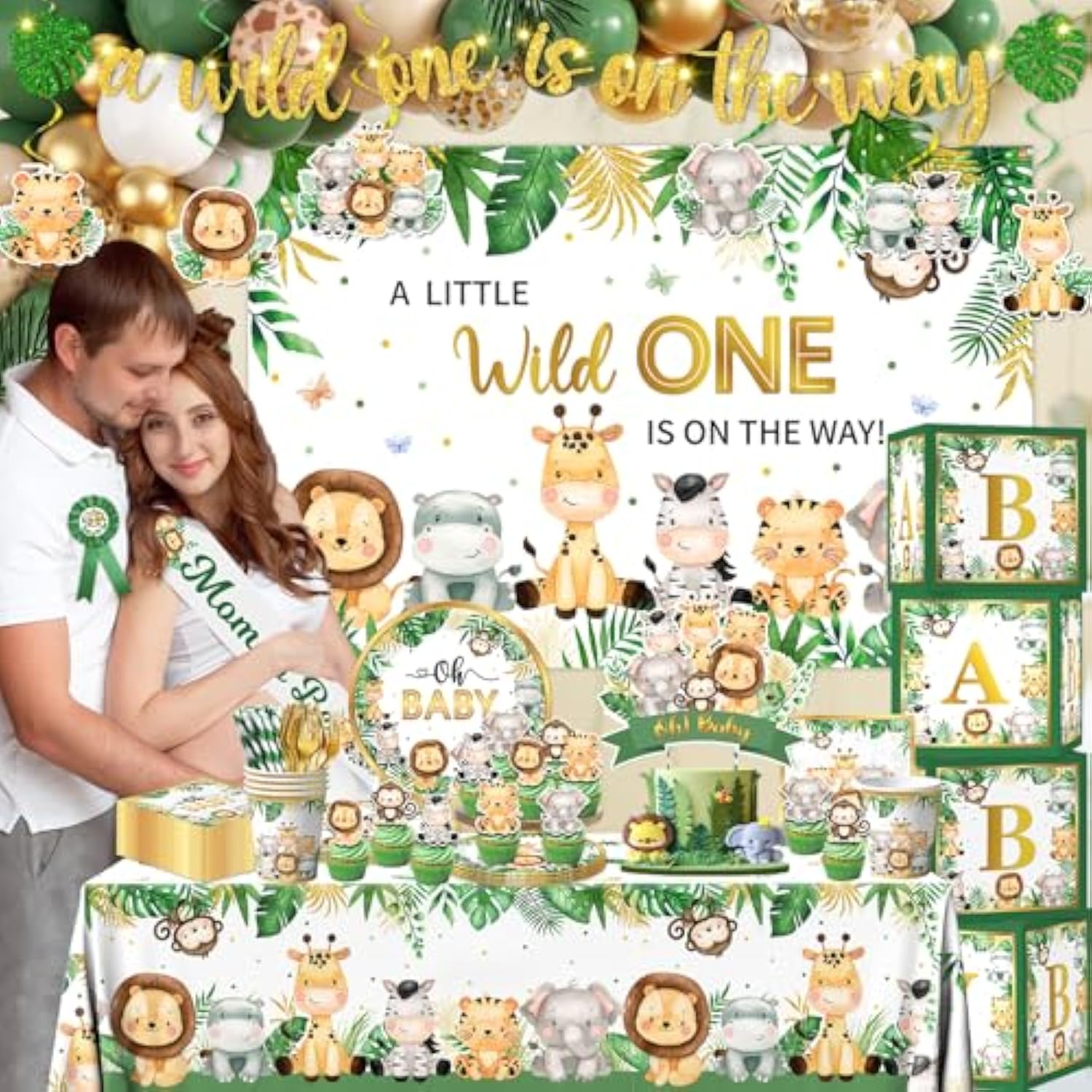Safari Baby Shower Decorations,262Pcs Wild Birthday Decorations Jungle Baby Shower Decorations Plates And Napkin Cups Backdrop Banner Tablecloth Balloons Garland Boxes,Serves 20