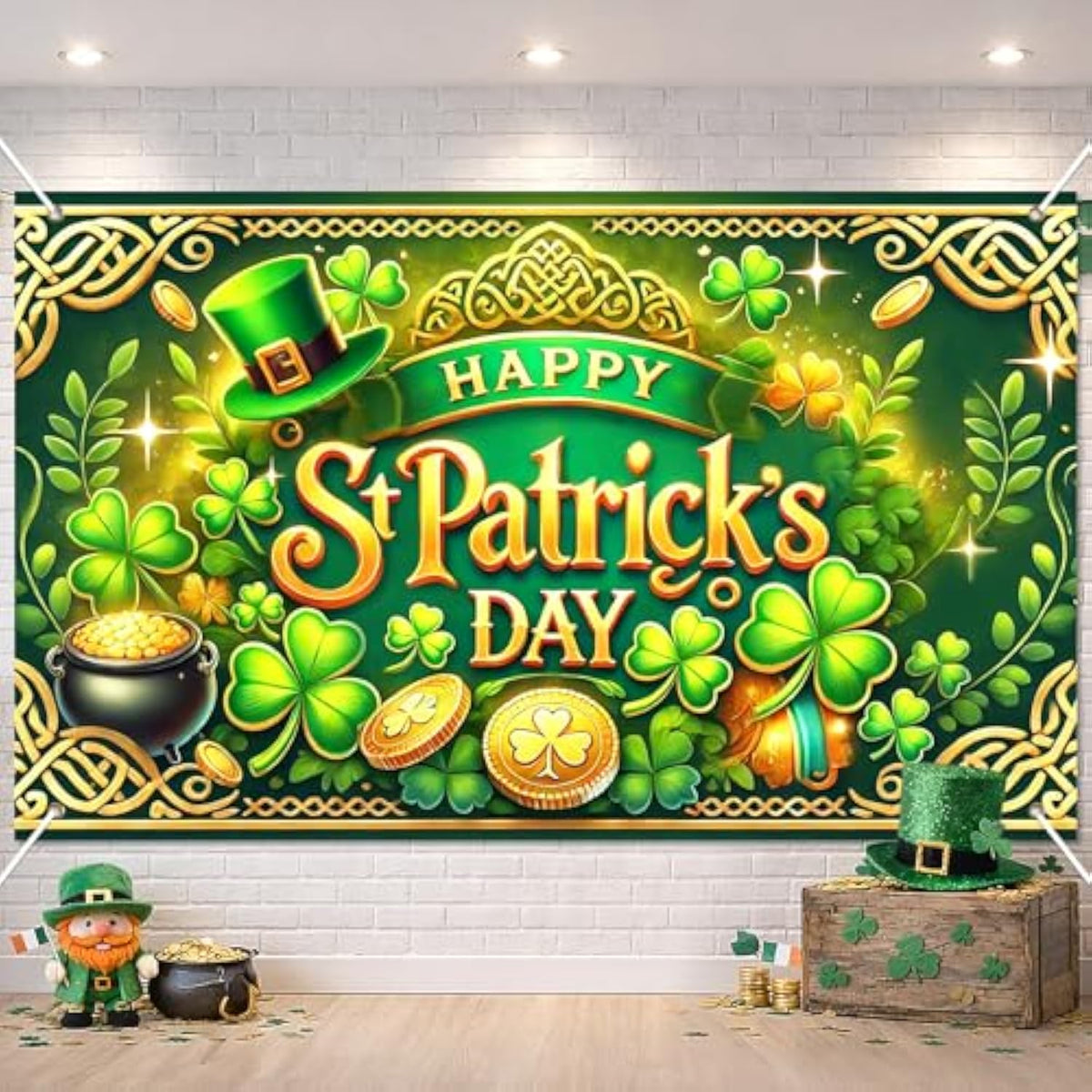 St. Patrick'S Day Banner Happy St. Patrick'S Day Decorations Backdrop 71X43 Inch Shamrock Gold Coin Green Hat Party Wall Decor Holiday Photo Background Indoor Outdoor