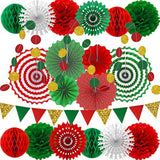 Christmas Party Decorations Paper Fans,Garlands String Circle Dot,Triangle Bunting Flags, Honeycomb Ball,Paper Tissue Pom Poms,Party Supplies For Christmas Birthday Wedding Baby Shower