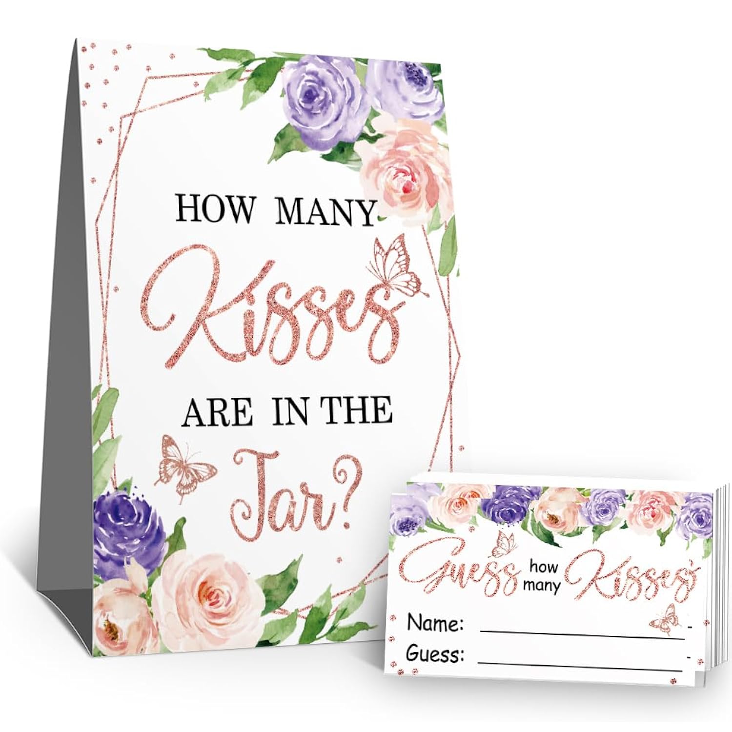 How Many Kisses Bridal Shower Party Game Kit(1 Standing Sign-50 Guessing Cards) Purple Floral Games And Favors For Guests, Bridal Shower Wedding Games Cards For Bride Groom Bachelorette Party Wedding Party Favor