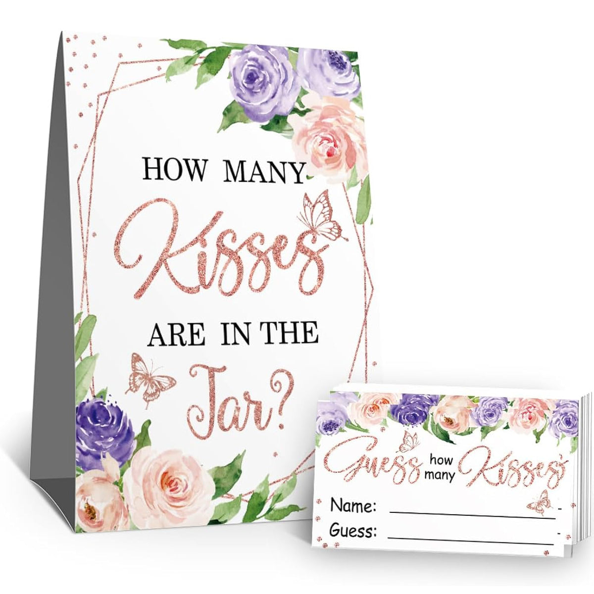 How Many Kisses Bridal Shower Party Game Kit(1 Standing Sign-50 Guessing Cards) Purple Floral Games And Favors For Guests, Bridal Shower Wedding Games Cards For Bride Groom Bachelorette Party Wedding Party Favor