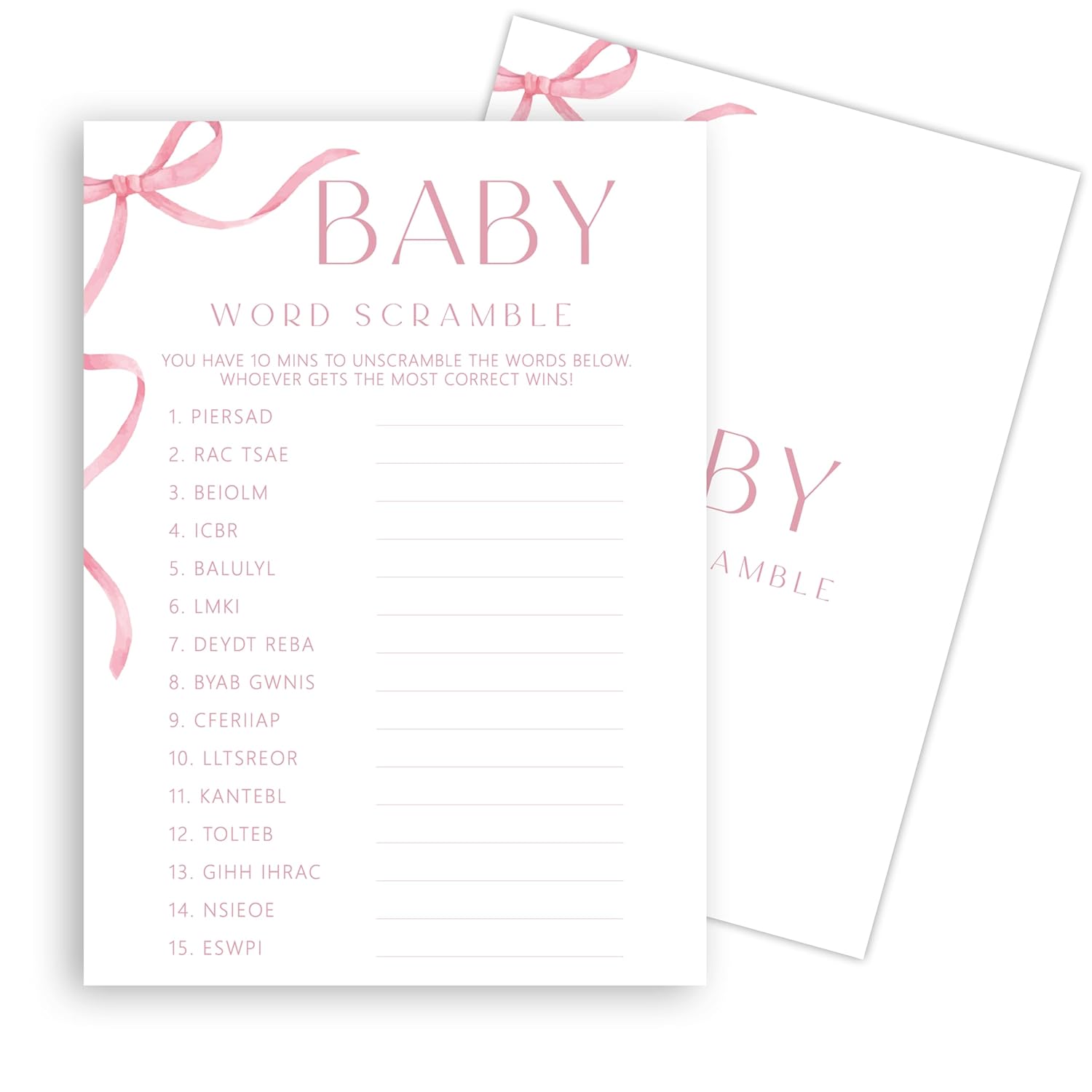 Pink Bow Baby Shower Games, Baby Word Scramble Game Set, 5"X7" & 25 Pcs Gender Neutral Party Decorations Supplies Favors Ideas-B05