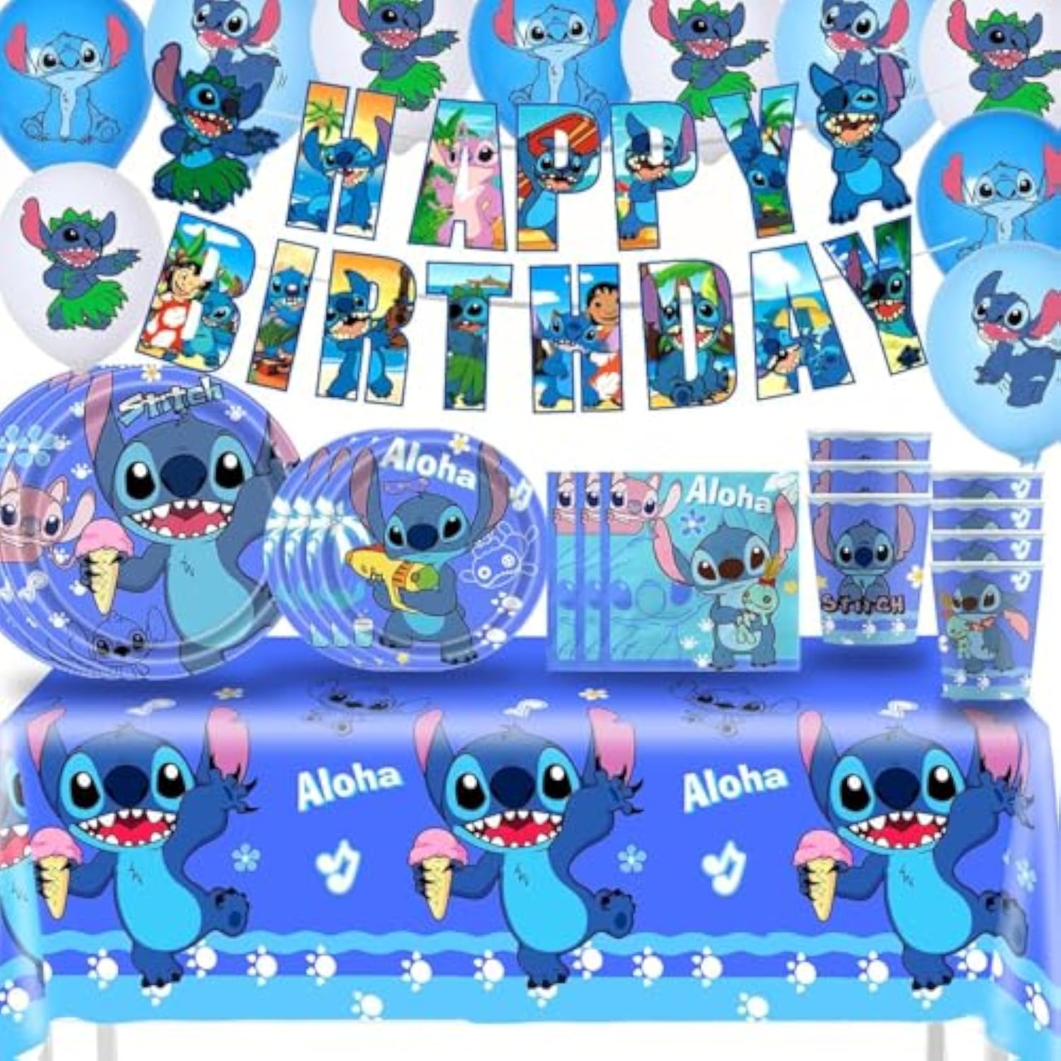 61 Pcs Stitch Party Supplies Birthday Party Supplies And Decorations Set - Includes Tableware Set And Happy Birthday Banner