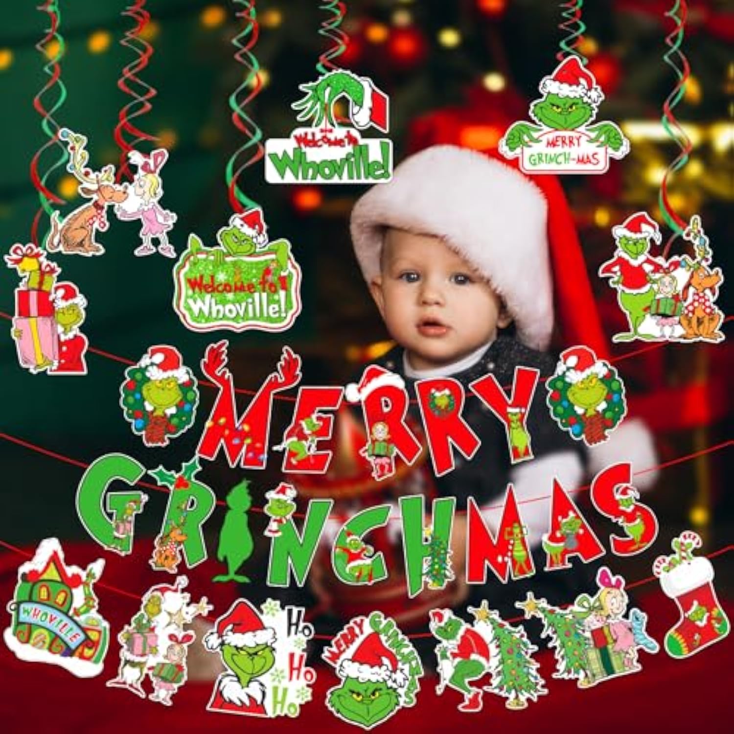 Green Monster Themed Christmas Decor - Merry Christmas Banner & Hanging Decorations For Party