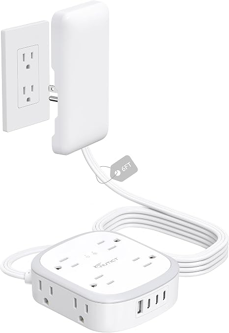 Outlet Cover Extension Cord 8 Outlets 4 USB Ports 3 USB C 6FT Flat Plug Surge Protector White
