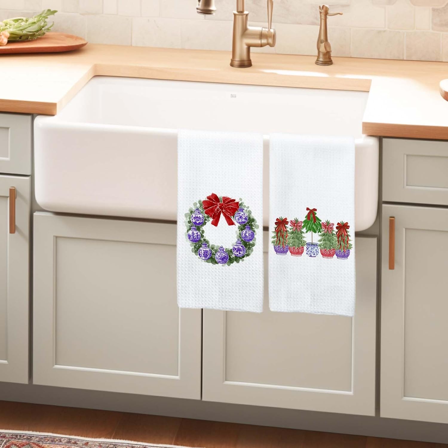 Chinoiserie Christmas Wreath Tree Kitchen Towels Set Of 2, Grandmillennial Christmas Topiary Tree Dish Tea Towels, Xmas Coquette Bow Trees Hand Towel For Kitchen Bathroom Decor 16X24Inch