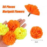 50 Pcs Marigold Flower Heads Bulk, Artificial Mexican Flowers Silk Fake Marigold Heads With Stems For Diwali Day, Day Of The Dead, Wreath Garland(Orange)