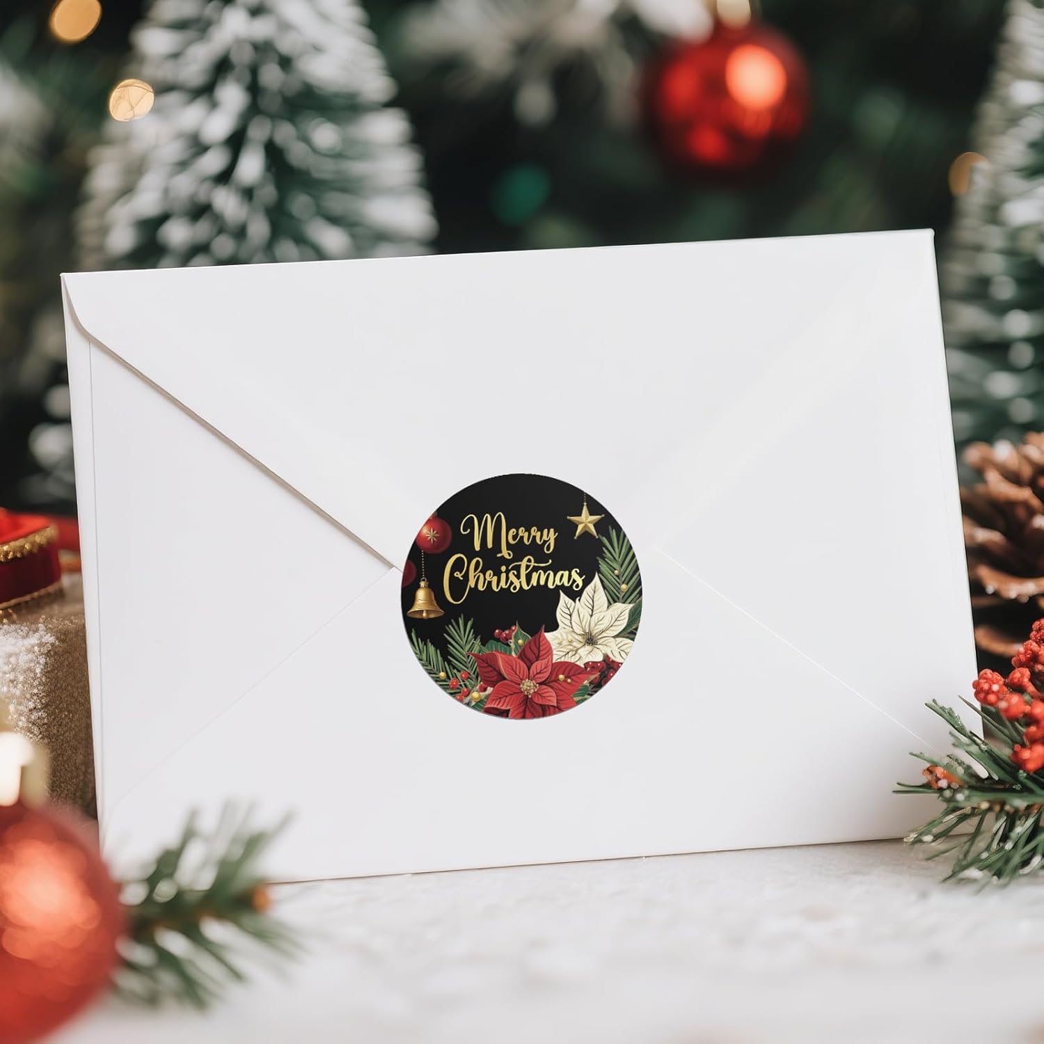 Merry Christmas Stickers - 2 Inch Holiday Stickers 120Pcs Large Round Christmas Card Sticker Labels Self-Adhesive Xmas Poinsettias Sticker For Envelope Seals Card Ornament (Black)
