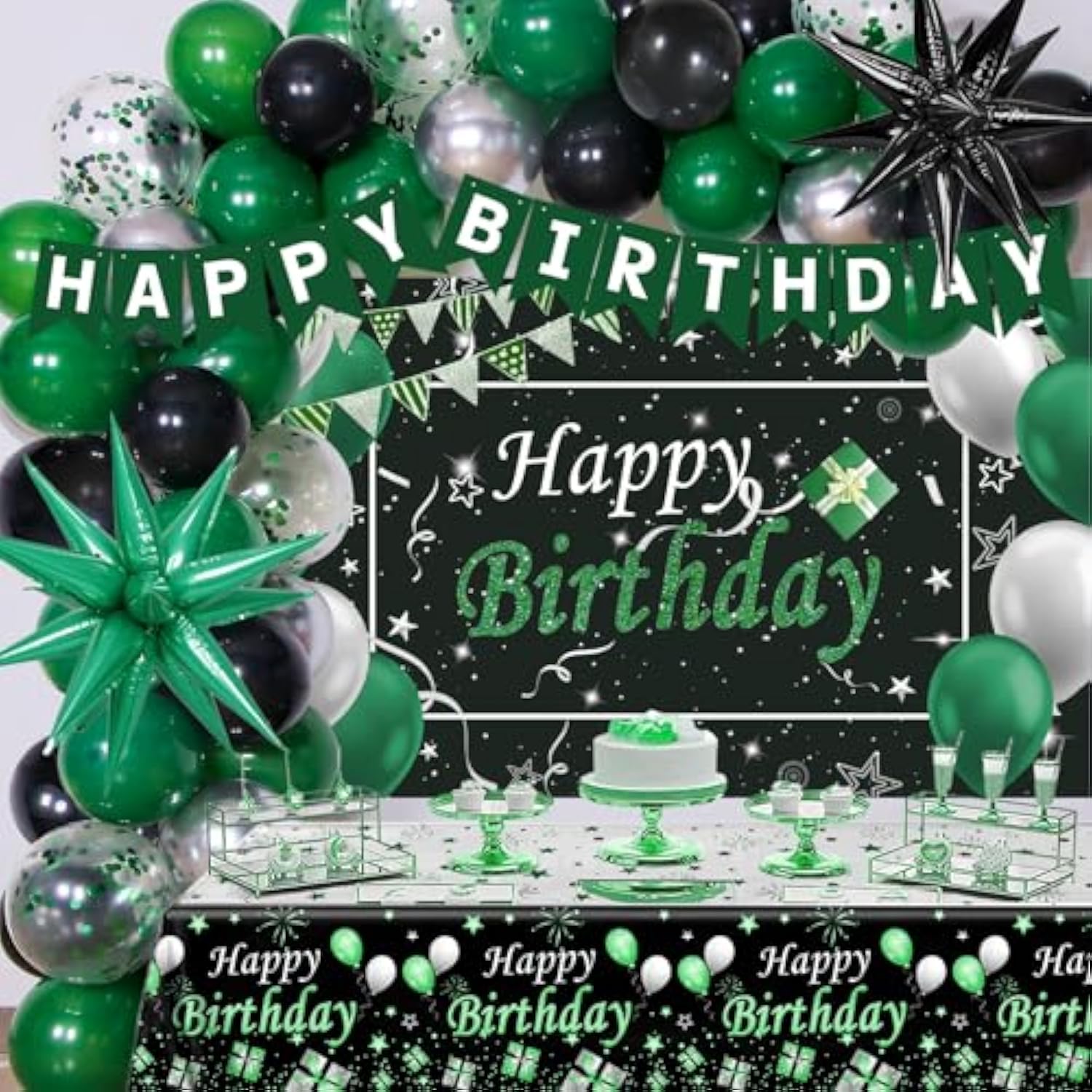 Green And Black Birthday Decorations For Men Women, Black And Green Party Decorations For Boys Girls Happy Birthday Banner Backdrop With Confetti Star Balloons Arch Tablecloth Bday Party Supplies