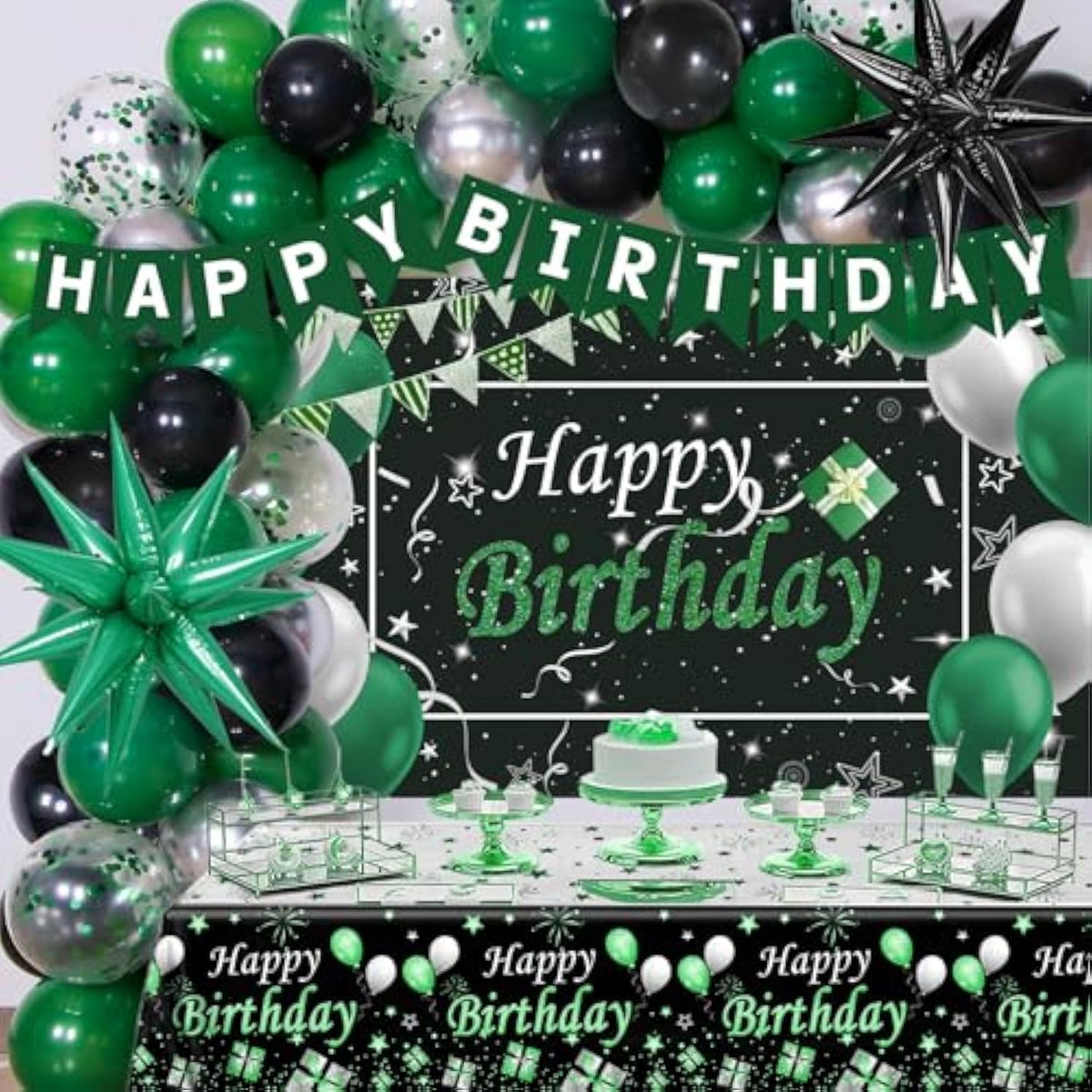 Green And Black Birthday Decorations For Men Women, Black And Green Party Decorations For Boys Girls Happy Birthday Banner Backdrop With Confetti Star Balloons Arch Tablecloth Bday Party Supplies