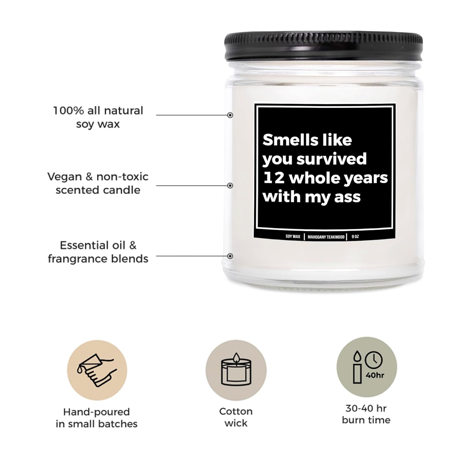 You Nique Designs 12 Year Anniversary Candle For Him And Her 9Oz Candle, 12Th Year Gift Idea For Him, 12 Year Wedding Anniversary For Husband, Wife, Couple, Him, Her (Mahogany Teakwood)