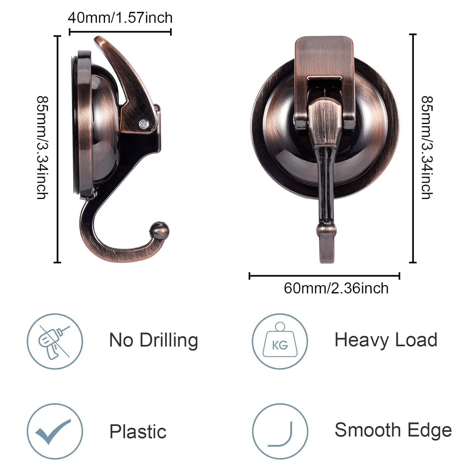 Suction Cup Hooks For Shower, Bathroom, Kitchen, Glass Door, Mirror, Tile – Loofah, Towel, Coat, Bath Robe Hook Holder For Hanging – Waterproof Wreath Hanger (2, Red Bronze)