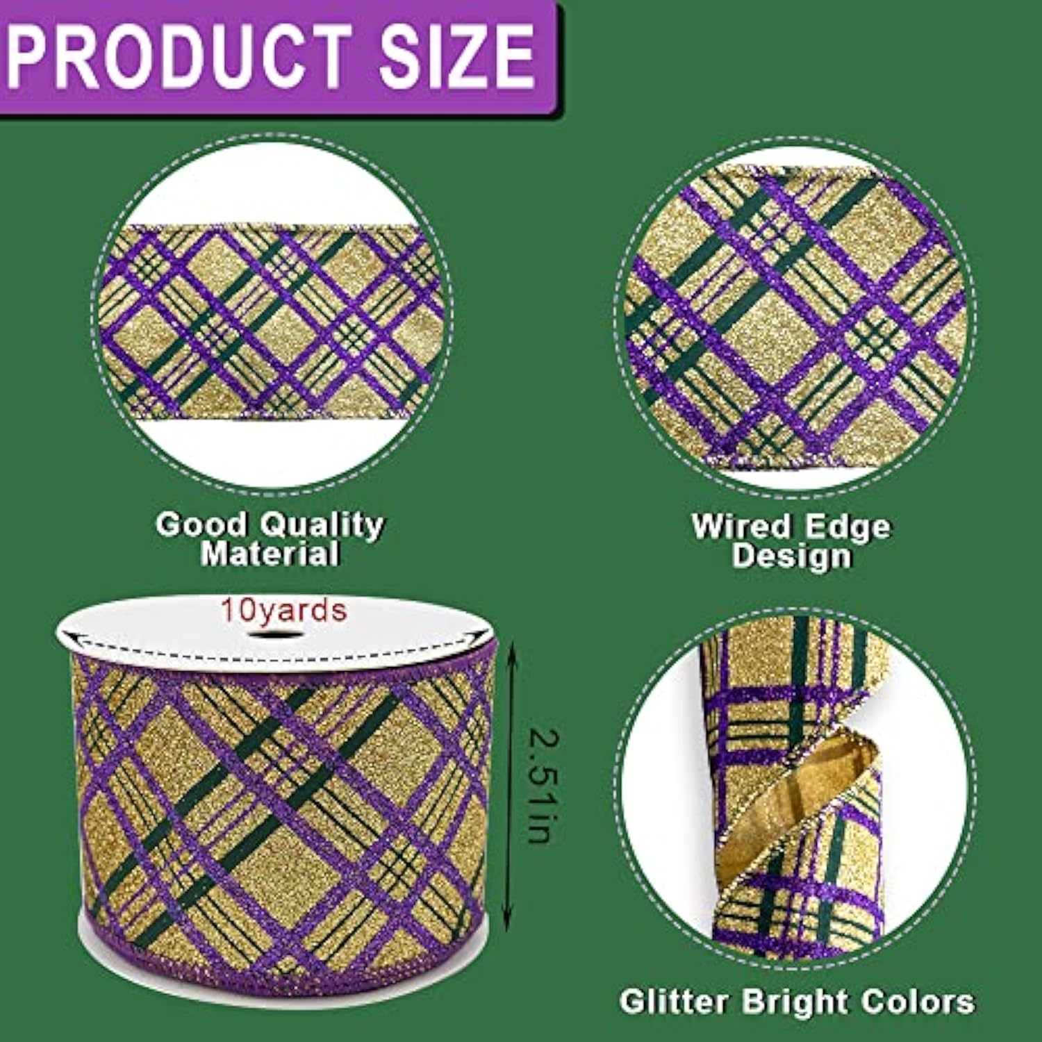 Mardi Gras Fabric Ribbons 10 Yards, Green Purple Glitter Plaid Burlap