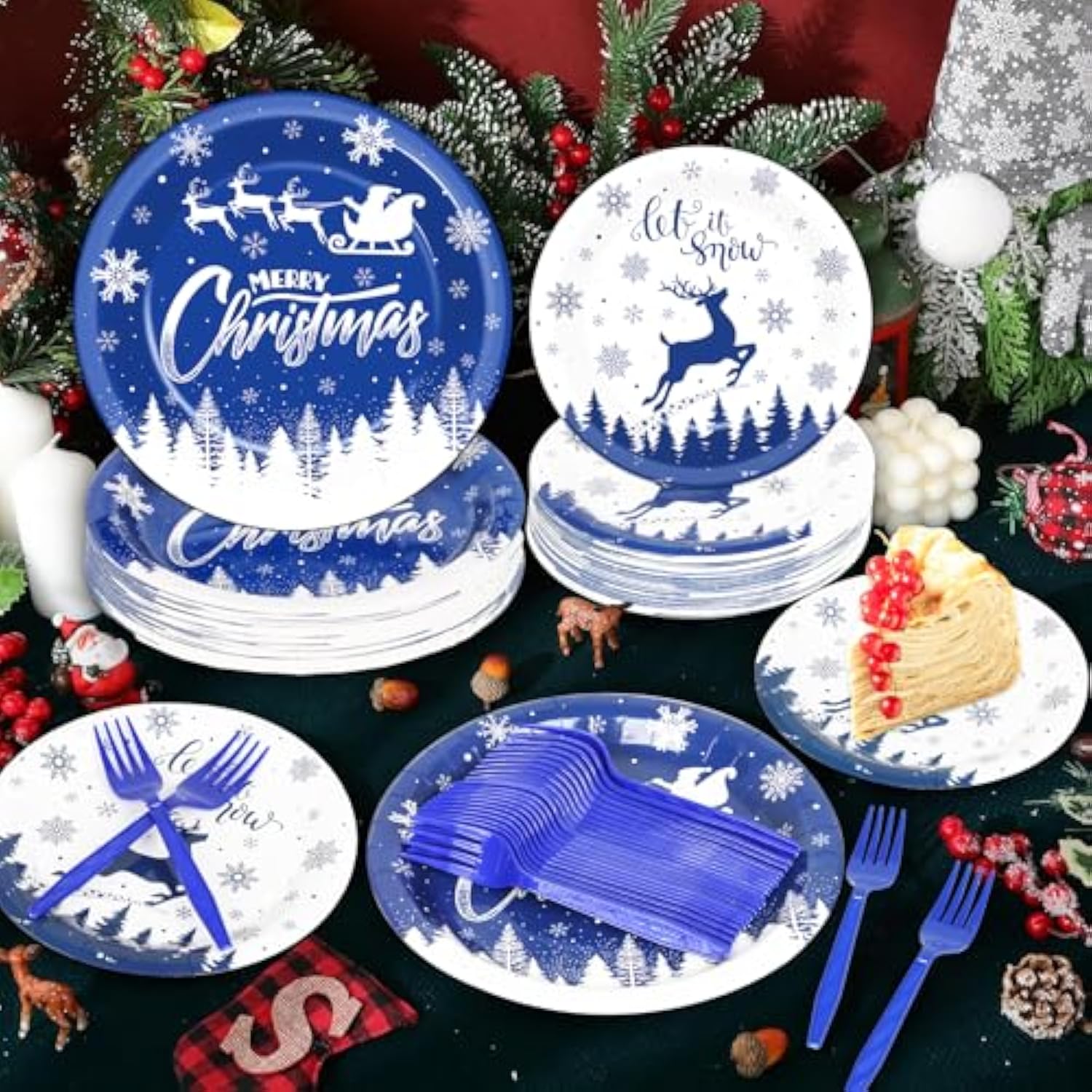 200Pcs Christmas Plates And Napkins Blue Merry Christmas Tableware Set Let It Snow Reindeer Snowflakes Dinnerware Set For Xmas Party Decorations Winter Holiday Birthday Party Serve 50 Guests