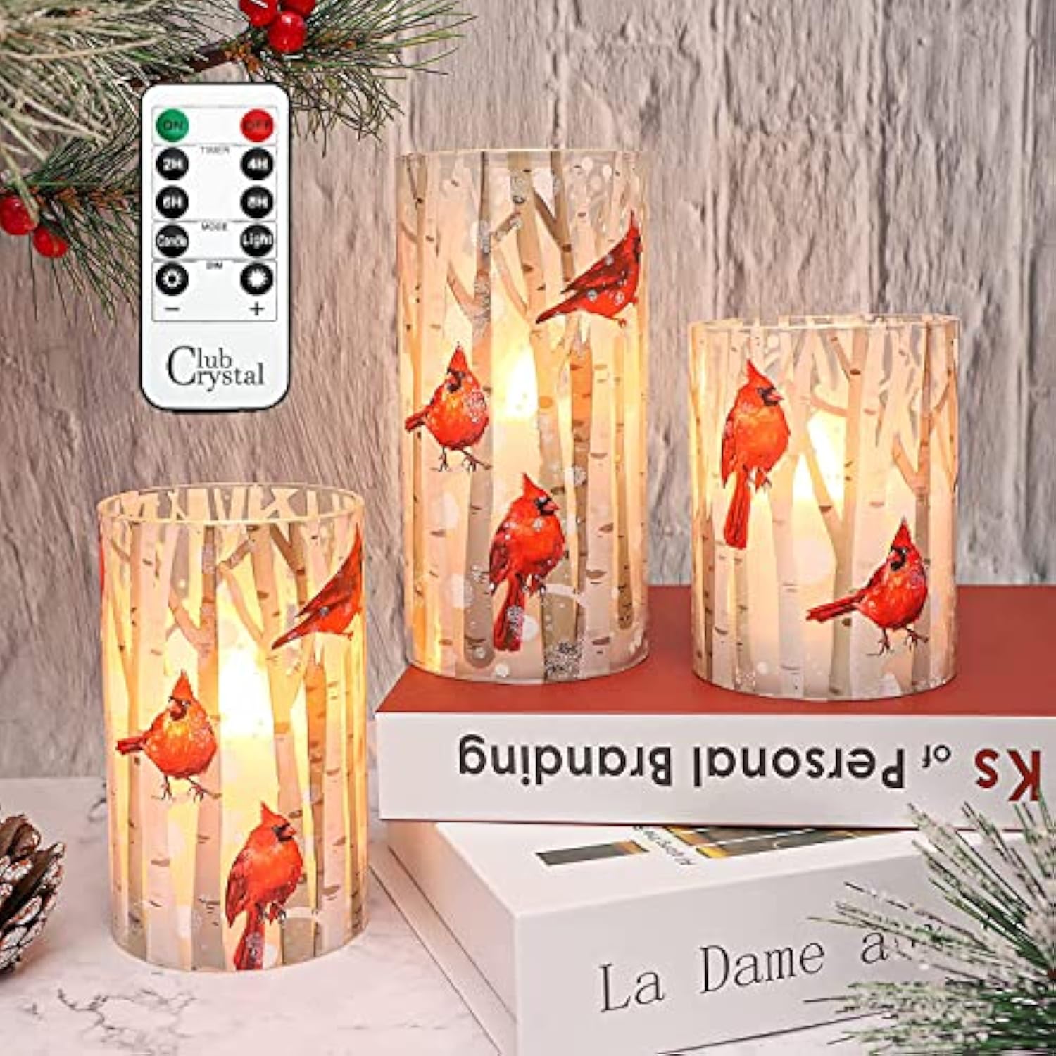 Flameless Candles, Cardinal Theme, (Set Of 3) Battery Operated Led Candles With Remote, Real Wax & Glass Effect Candle With Timer For Christmas Home Festival Décor