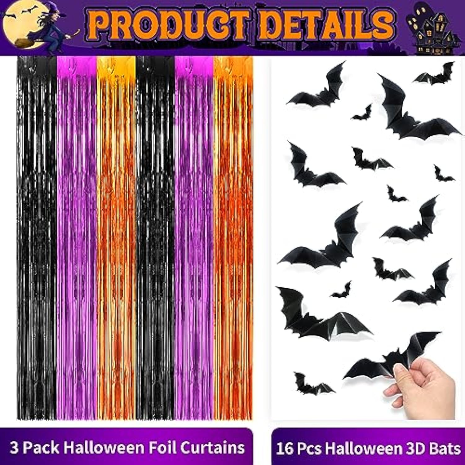 3 Pack Halloween Foil Fringe Curtains 3.3x6.6ft Backdrop with 16 Bat Decorations