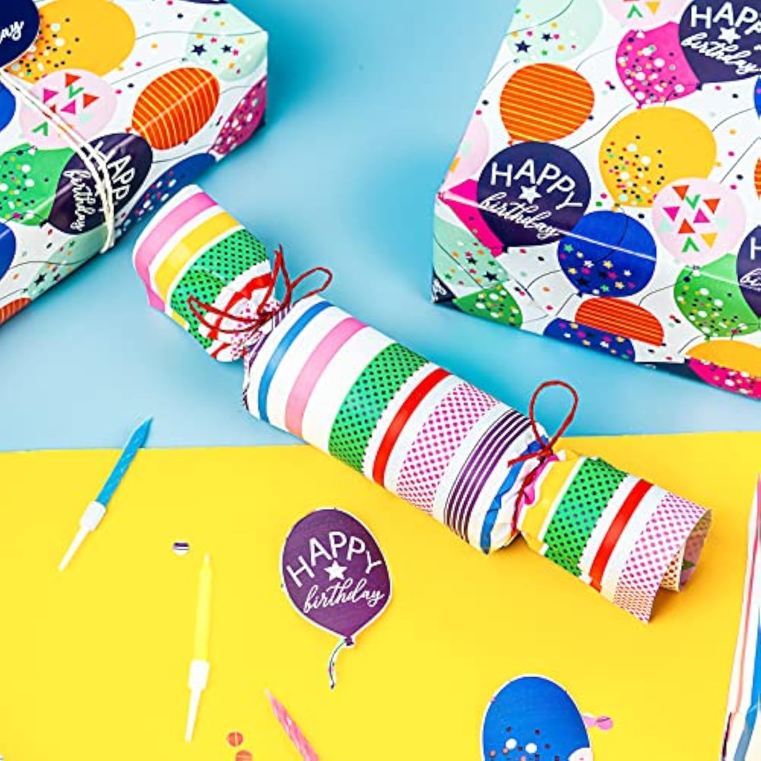 Reversible Birthday Wrapping Paper - Mini Roll - 17 Inch X 33 Feet - Colorful Balloon With Confetti Design For Birthday, Holiday, Party, Baby Shower